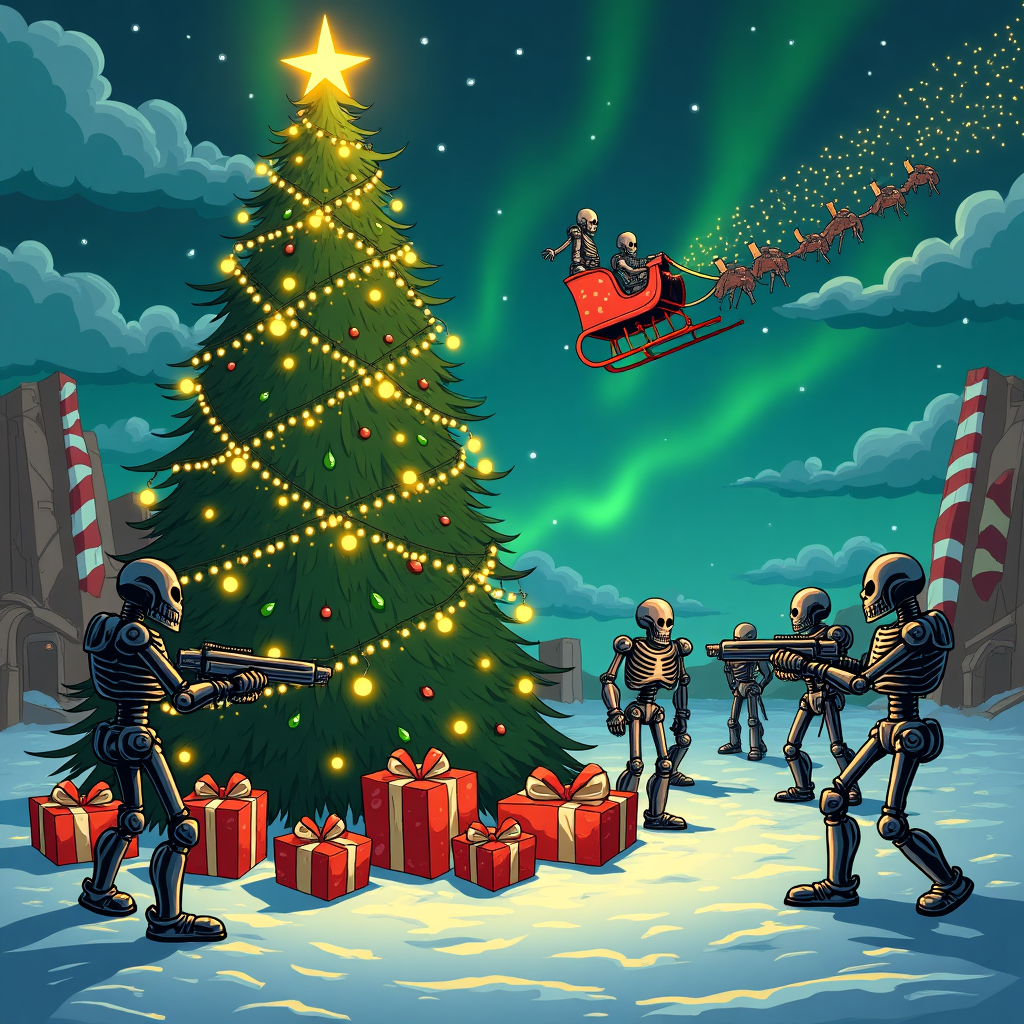 In the foreground of this surreal cartoon Christmas scene, we have a group of Necron warriors, their metallic, skeletal frames glinting under the twinkling lights of a giant, towering Christmas tree. The tree is extravagantly decorated with glowing baubles that mimic the ominous green energy of the Necron's gauss weaponry, and garlands that snake around its branches like the cables of their intricate circuitry. Instead of traditional star, atop the tree sits a luminous orb resembling a C'tan Shard, casting an ethereal light over the entire scene.

Beneath the tree, there's an array of Christmas presents, each box designed to resemble Warhammer terrain—some look like dilapidated ruins, while others mimic the eerie, geometrical patterns of Necron structures. The ribbons on these gifts are crafted to resemble the creeping cables and conduits seen on Necron tomb worlds.

In the background, the horizon is dotted with candy-cane shaped monoliths, their red and white stripes contrasting starkly with the cold, dark landscape. Behind these monoliths, a sleigh can be seen floating in the night sky, pulled not by reindeer, but by a formation of small, shimmering Scarabs, leaving trails of festive stardust in their wake.

Above this bizarre tableau, in the sky, are clouds that form the name "Alexander" in a fanciful, swirling font, interwoven with strings of Christmas lights that twinkle like stars. The clouds themselves are tinged with the faint glow of auroras, reminiscent of the Necron's eerie, otherworldly technology. This whimsical incorporation of Alexander's name adds a personal touch to the otherworldly holiday chaos unfolding below.
Generated with these themes: Warhammer Necrons, and Christmas presents .
Made with ❤️ by AI.