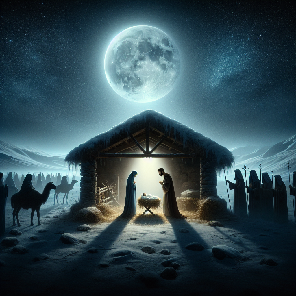 A snowy landscape bathes under the subtle glow of the full moon, illuminating a stable where the nativity scene unfolds. Mary and Joseph stand reverently by the manger where baby Jesus lies, their faces a mix of adoration and awe. Shepherds and wise men approach from the shadows, their figures merely silhouettes against the serene, starlit sky.
Generated with these themes: Nativity.
Made with ❤️ by AI.