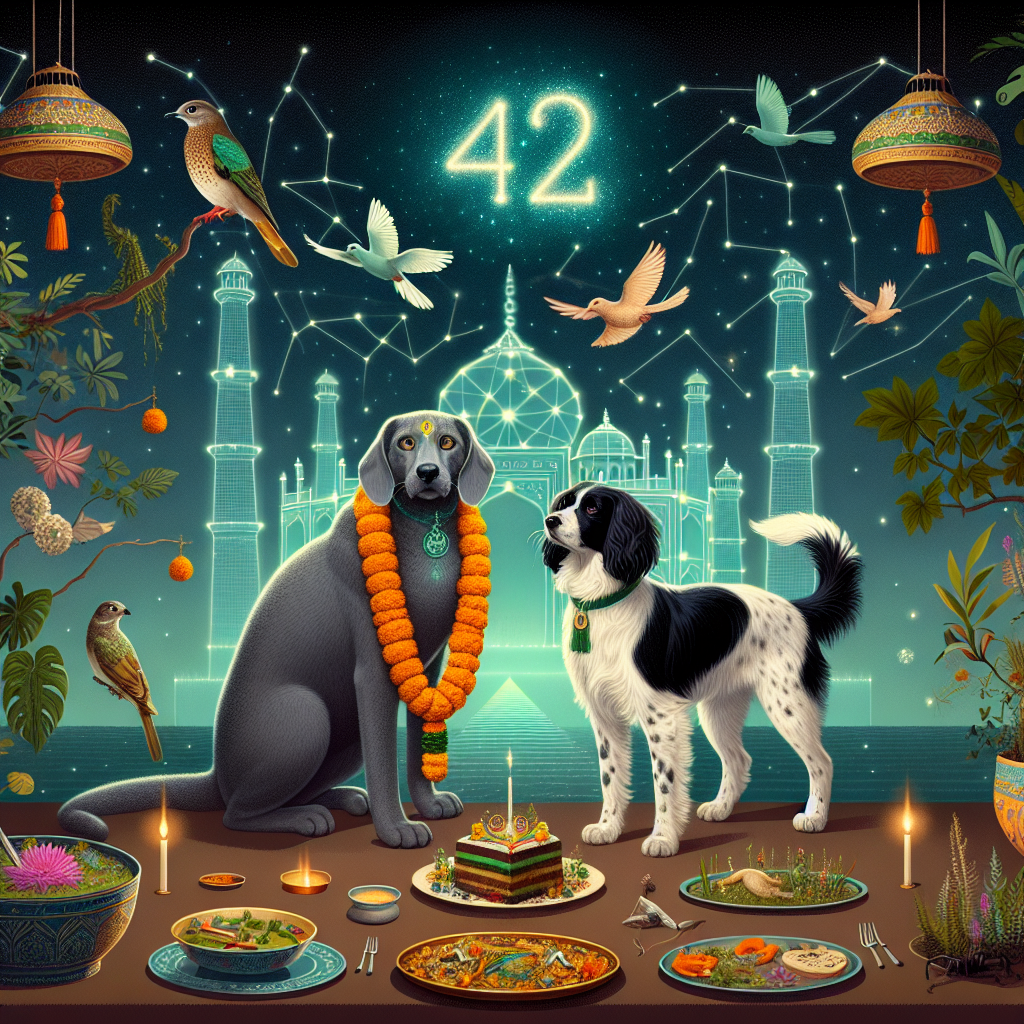 Imagine a surreal vector birthday setting. A grey anthropomorphic cat, adorned with marigold garland, stands next to a dignified Bracco dog. These animals are set against an Indian-inspired backdrop that combines the silhouette of the Taj Mahal with futuristic botanical gardens. Floating levitating platters of vegetarian food, surrounded by air-purifying plants and magical ferns. Serenity and a hint of magic fill the atmosphere. In the celestial sky, the number '42' emerges as a constellation, glowing like a luminous guide. Bioluminescent vines trace their celebratory messages along the borders of this ethereal tableau.
Generated with these themes: Grey cat, Bracco dog, India , Vegetarian , Plants, and 42.
Made with ❤️ by AI.