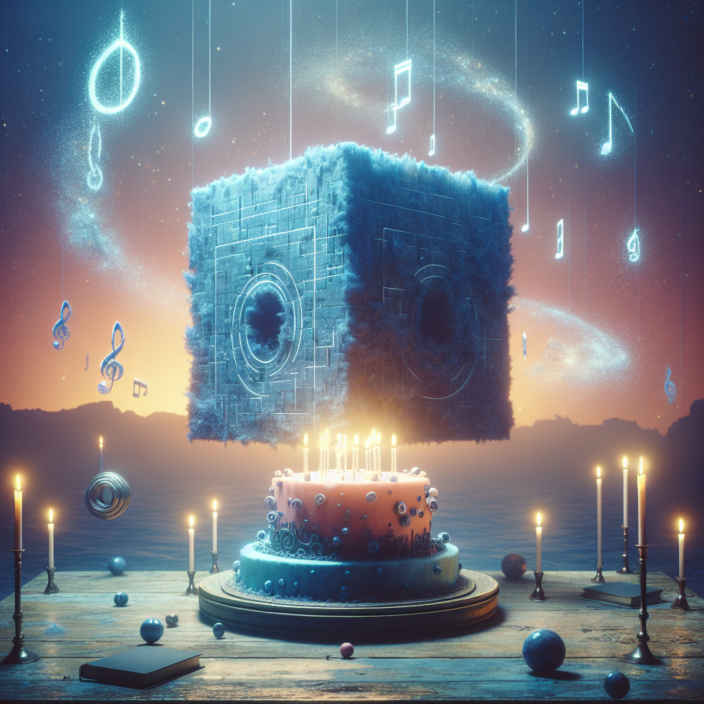 A vivid image portrays a unique birthday setup. At its center stands a nondescript blue cuboid, which heavily contrasts against the muted, serene background of a dusky evening. Floating in the air are visualized notes that hint at ethereal, otherworldly music encompassing the scene. Soft lighting gently highlights a birthday cake adorned with abstract symbols reminiscent of an ancient, unknown language. The ambience radiates an enigmatic yet festive atmosphere, encapsulating an essence of timeless adventure and celebration. The overall impression is a tranquil commemoration, reminiscent of an enduring and beloved science fiction journey.
Generated with these themes: Doctor Who, and Music.
Made with ❤️ by AI.