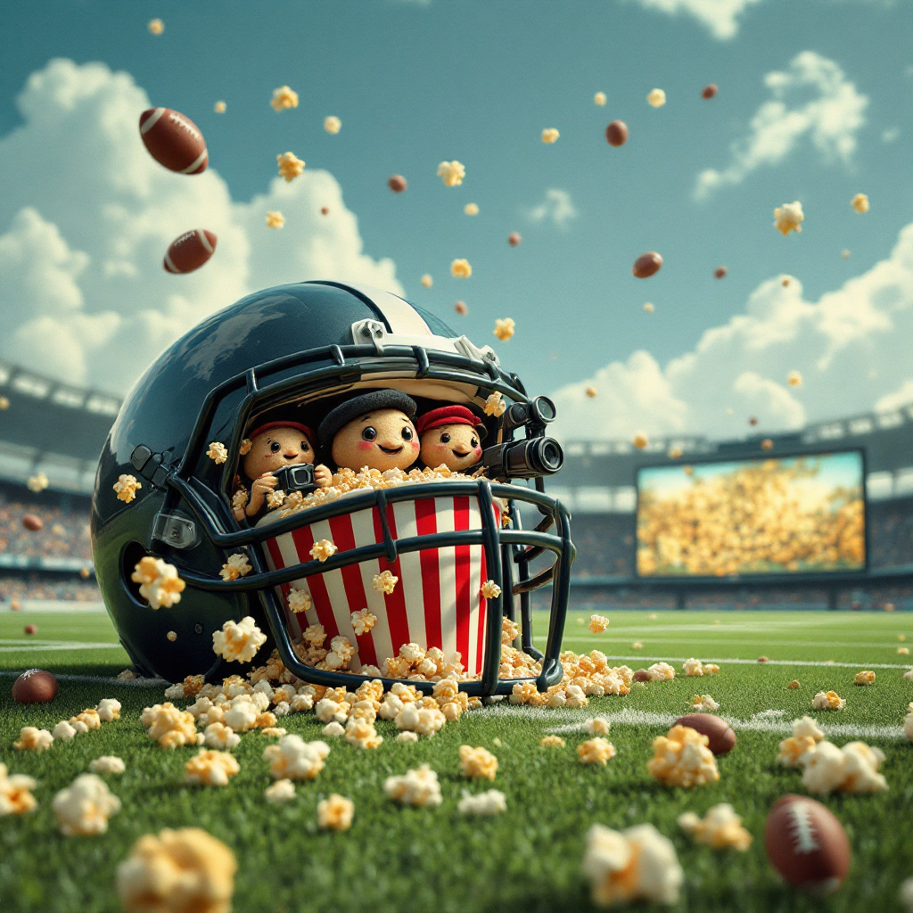 In the foreground of this surreal birthday card design, envision a gigantic American football helmet, its polished surface reflecting the faint glow of a distant movie projector. The helmet rests tilted on a vibrant green, astro-turfed plane, which subtly curves upwards like a film reel, spiraling into the sky. Peeking out from the helmet's interior are anthropomorphic cookies, each one designed with intricate detailing: chocolate chips serve as freckles on their faces, while their eyes are animated and wide with expression, wearing tiny caps that mirror classic film director berets. One cookie holds a vintage film camera made from licorice and candy glass, aiming it playfully towards a whimsical scene just beyond.

On the field behind them, a larger-than-life popcorn bucket—striped in vibrant reds and whites—overflows, cascading a buttery avalanche down onto the turf. Each piece of popcorn transforms into mini-footballs mid-air, caught by the wind like spiraling confetti. Amongst them, a grand, screen-like billboard juts out, displaying a holographic montage of iconic film moments blended with dynamic football plays—one can spot a cookie quarterback throwing a cinematic clapperboard to a receiver amidst flashing paparazzi lights.

Above, the sky is a whimsical tapestry of film strips woven into cloud formations, where a bright projector moon shines through, casting beams that resemble a touchdown light show. As the light travels, it illuminates a scattered constellation of floating cookies wearing tiny football jerseys, each one hand-decorated with the number of a famous film release year. The horizon blurs into an endless ocean of cola, gently fizzing and lapping at the astro-turfed edges, where birthday candles sprout like daisies, flickering with the anticipation of celebration.

This vibrant composition tells a playful tale, inviting the birthday celebrant to a fantastical realm where American football and cinema meet the sweet whimsy of cookie characters, all celebrating the joy of a special day in a truly extraordinary setting.
Generated with these themes: American football, Films, and Cookies.
Made with ❤️ by AI.