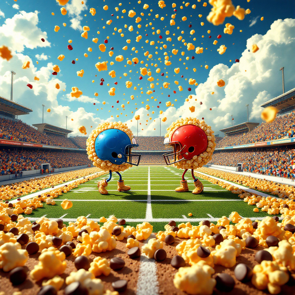 In the center of the surreal vector birthday card, an oversized cookie football field stretches across the scene. The turf is made of chocolate chip cookie texture, with the chips cleverly arranged to mimic the pattern of a football field. The end zones are frosted with vibrant blue and red icing, adding a playful pop of color. On this edible field, two giant popcorn kernels with anthropomorphic features—complete with helmets and shoulder pads—are positioned as opposing quarterbacks, preparing for a face-off. Floating in the sky above the field, a whimsical, vintage film projector—suspended by reels of film instead of clouds—projects a cascade of golden buttered popcorn that gently falls like confetti onto the field. The bleachers, lined with rows of cookie stands instead of seats, are filled with animated movie reels and film clappers, cheering with their little hands raised, some even wearing miniature team jerseys. In the background, towering soda cups with bendy straws form a stadium skyline, their straws bent to mimic the shape of goalposts. A playful twist reveals a film reel ribboning around the border of the card, with each frame showing a different birthday-related scene—cakes, balloons, and gifts—all crafted in a cohesive, cinematic style. The card's cover features the vibrant, surreal spectacle, combining American football, cinema, and cookies into an unforgettable birthday-themed tableau.
Generated with these themes: American football, Films, and Cookies.
Made with ❤️ by AI.