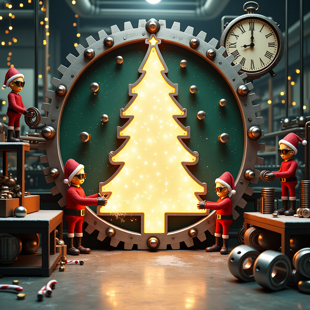 Picture a bustling North Pole workshop, not in Santa’s traditional wooden setting, but in a sprawling, industrial metalworking factory. The scene is a brilliant mix of Christmas cheer and mechanical marvels, a true nod to the metalworking theme. The frame of the card resembles a metallic gear, intricately designed with bolts and rivets, giving the card an industrial edge. At the heart of the scene, taking up 70% of the canvas, is a cleverly designed blank space in the shape of a massive Christmas tree. This is where your festive message will be printed. The metallic outline of the tree sparkles with embedded LED lights, flickering like stars.

Surrounding this central space is a vibrant array of workshop elves, each wearing a hard hat and safety goggles, diligently operating machinery that looks like a cross between classic workshop tools and whimsical holiday contraptions. There’s an elf welding together pieces of a giant toy train, sparks flying, while another elf is using a lathe to shape the ends of candy canes from metal rods.

Scattered throughout the workshop are semi-trimetallic bearings, arranged as makeshift ornaments and decor. They dangle from strings like baubles, some forming a garland that wraps around the workspace, others set up on conveyor belts waiting to be used in toy production. A large, vintage-style clock with a gear-shaped frame hangs prominently on the back wall, keeping the elves on schedule for the big night. The floor is polished to a shine, reflecting the twinkle of lights and the hustle of holiday preparations, creating a seamless blend of Christmas wonder and industrial might.
Generated with these themes: biglietto di natale di una azienda metalmeccanica con una cornice a tema metalmeccanico, uno spazio vuoto al centro grande il 70% del totale e qualche semicuscinetto trimetallico..
Made with ❤️ by AI.