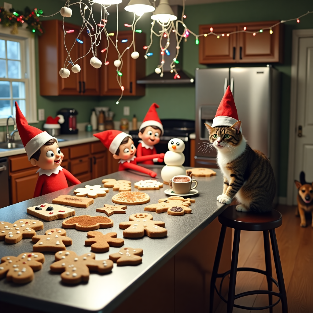 Picture a bustling Christmas kitchen scene with a twist, a place where the absurd meets the festive spirit. At the center, a gleaming, stainless steel countertop is covered with an array of holiday treats, from gingerbread men to intricately decorated sugar cookies. Each cookie is adorned with too-large googly eyes, adding a comical element. A gingerbread man is captured in mid-air, seemingly leaping off the counter in an attempt to escape, leaving a trail of flour and a sprinkle of cinnamon in its wake. 

To the right, a grumpy-looking cat with a Santa hat perched crookedly on its head sits perched on a stool, unimpressed by the chaos. Its piercing eyes glare at a clumsy snowman made of marshmallows that has tumbled from its intended spot atop a steaming mug of hot cocoa, landing beside the cat.

In the background, a group of elves are in a friendly argument, trying to decide the best way to fix a string of tangled Christmas lights. One elf, the smallest, is being lifted by another in an attempt to hang the lights across a garland-strewn mantelpiece. The lights, despite their tangle, glow in a myriad of colors, casting a cheerful rainbow across the walls.

Above it all, a homemade paper chain in red and green loops from corner to corner of the room, half completed with the final links dangling precariously above the kitchen door, hinting at a child’s playful handiwork. 

A mischievous puppy, wearing reindeer antlers, is seen trying to slink away unnoticed, dragging a length of tinsel trailing behind it like a sparkling tail. This mix of planned festivities and spontaneous holiday chaos is a perfect depiction of the joyful, and often unpredictable, Christmas spirit.
Generated with these themes: Christmas.
Made with ❤️ by AI.