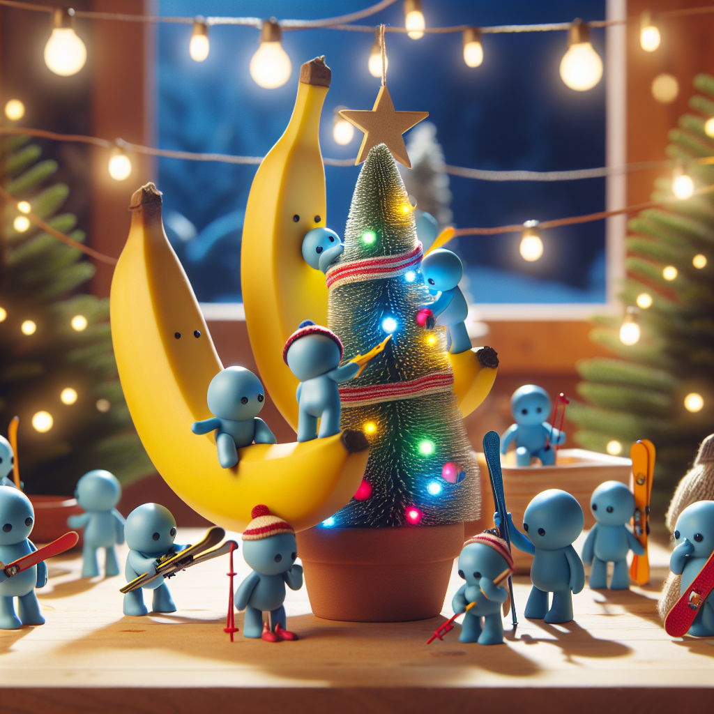Illustration of a cozy Christmas indoors scene where Smurfs are decorating a banana-shaped Christmas tree with ski gear ornaments and twinkling lights.
Generated with these interests: Bananas, Smurfs, and Skier.
Made with ❤️ by AI.