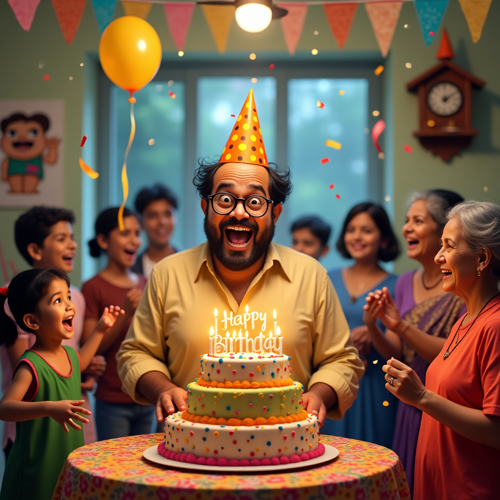 In the center of the scene, an Indian man named Rajashekar stands, brimming with excitement, wearing a bright, polka-dotted party hat tilted jauntily over his neatly combed hair. His large, round glasses reflect the glimmering glow from the birthday candles that sit atop an extravagant, three-tiered cake, placed on a small table draped with a vibrant, embroidered cloth. The cake is a masterpiece, each tier a different color of the rainbow, with intricate henna-like designs made of icing swirling elegantly over its surface. At the top, bold icing letters spell out "Happy Birthday Rajashekar!" with playful, dotted exclamation points. Surrounding Rajashekar are an array of jubilant party guests, each with colorful confetti in hand, ready to toss. To the left, a young child on tiptoe eagerly attempts to snatch a balloon that’s comically stuck in the ceiling fan, while to the right, an elderly woman animatedly gestures with her hands, seemingly narrating a funny anecdote that’s captured the crowd’s attention. The room is festooned with vivid streamers cascading from the ceiling and a poster featuring an exaggerated cartoon version of Rajashekar winking and holding a slice of cake. In the background, a cuckoo clock, cheekily adorned with a tiny party hat of its own, announces the birthday hour with a burst of merry chiming. The entire scene is bustling with life and color, setting the stage for an unforgettable birthday celebration.
Generated with these themes: Indian man with glasses celebrating birthday cake and cake has his name on it Rajashekar happy birthday .
Made with ❤️ by AI.