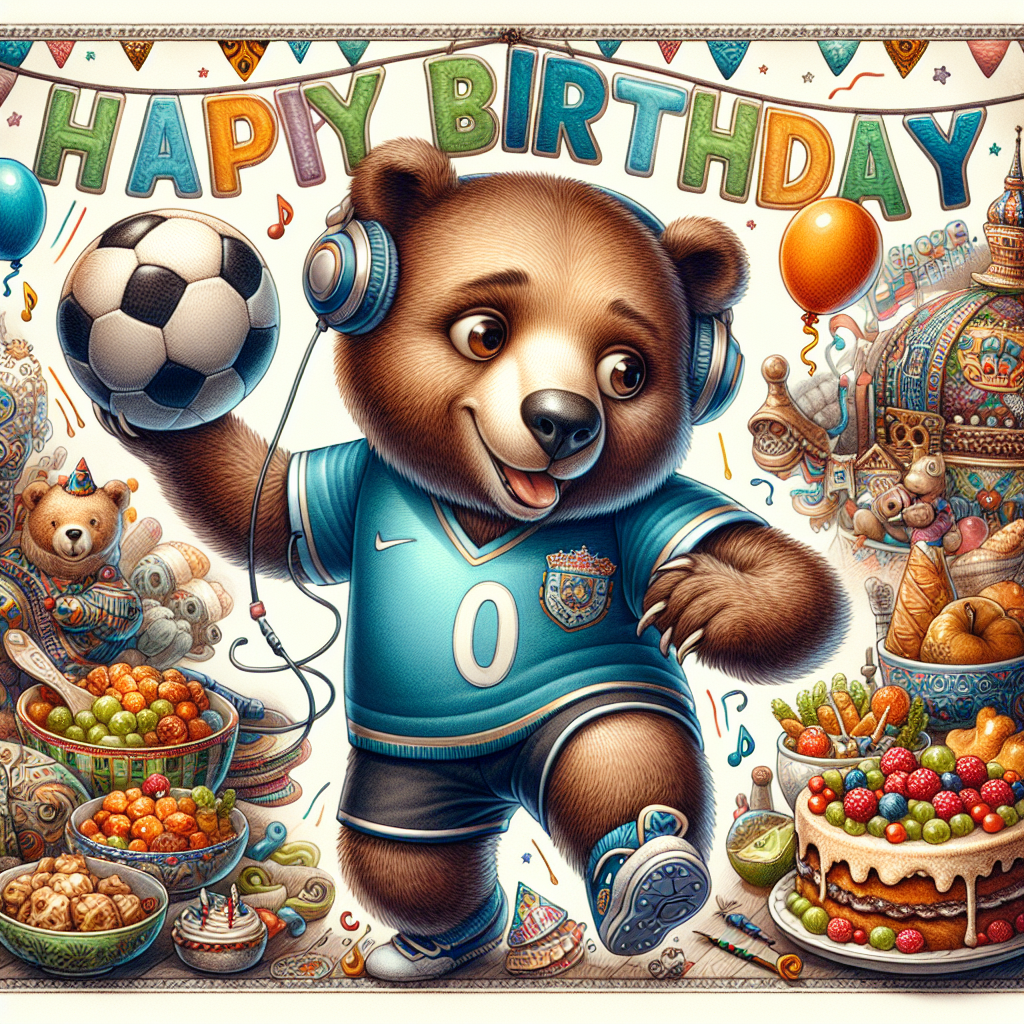 An enchanting birthday-themed illustration depicting a cozy, brown bear donned in a football jersey. This exuberant bear is playfully controlling a soccer ball, adding a sense of light-hearted fun to the image. In the backdrop, a 'Happy Birthday' banner flutters creating a festive atmosphere. Adding an element of coolness, the bear wears headphones, bobbing to the melodies of a popular, unnamed electronic band. Adding more complexity and color to the image, the foreground is adorned with detailed depictions of food from different countries giving a nod to global gastronomy.
Generated with these themes: Football, Depeche mode, and Eating out.
Made with ❤️ by AI.