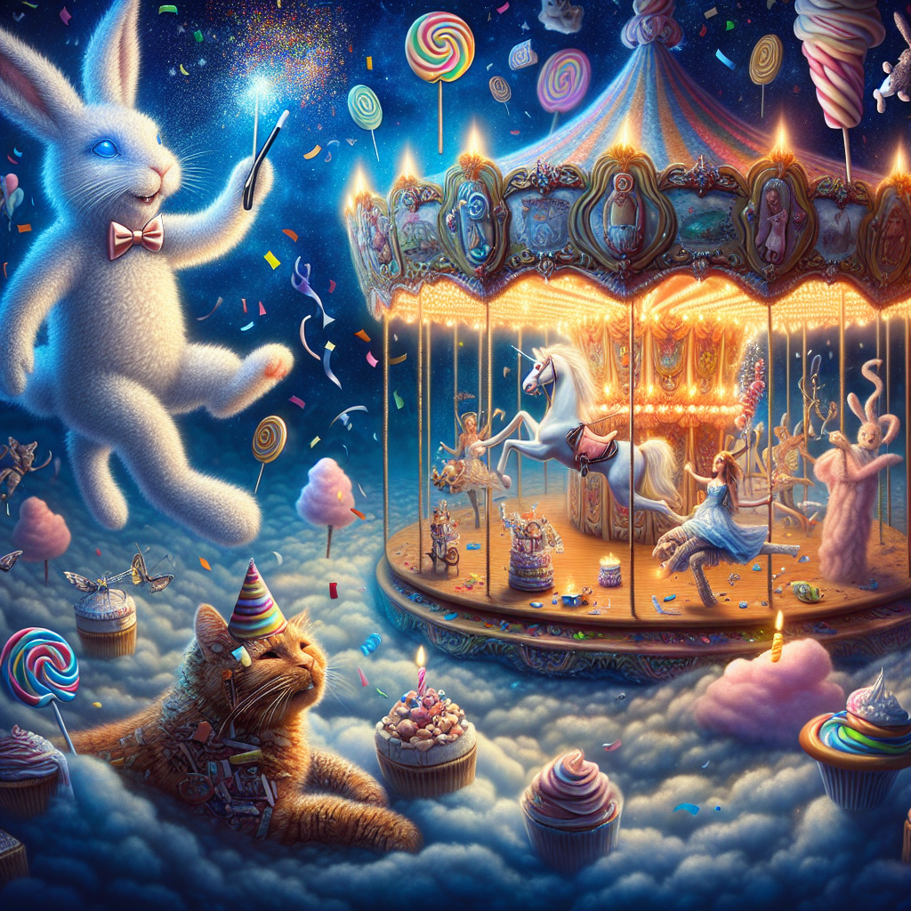 Visualize a surreal cartoon setting exhibiting a birthday theme. It's aglow with an otherworldly light. The scene features a whimsical white bunny with a shiny bow tie, performing enigmatic card tricks beneath a sky showering confetti. To one side, a rag doll cat, assembled from colorful fabrics and mismatched threads, lies comfortably on a cotton candy cloud constantly shifting into whimsical forms. In the same vicinity, a merry ginger cat, possessing spiral-shaped whiskers, joyfully rides a carousel of levitating desserts, each revolution further contradicting the logic of this fantastical birthday universe.
Generated with these themes: White bunny, Rag doll cat, and Ginger cat.
Made with ❤️ by AI.