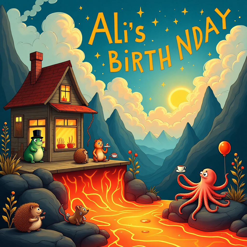In this whimsical illustration for Ali's birthday card, imagine a fantastical scene at the "Lava Café," set in a vibrant, dreamlike landscape inspired by the rich detail and storytelling of artists like Arthur Rackham and Quentin Blake. In the foreground, we see a quirky café perched on the edge of a glowing lava flow. The café is a charming, rickety wooden structure with mismatched windows and a crooked chimney puffing out whimsical curls of steam. The lava itself is a vivid, luminescent orange with pops of red, flowing like a gentle river past the café, radiating warmth and casting a cozy glow.

Outside the café, a group of peculiar patrons has gathered. There’s a dapper frog in a top hat sipping coffee from a tiny cup, a pair of curious hedgehogs sharing a slice of cake, and a jovial octopus, holding an assortment of party balloons in its tentacles, with one tentacle pouring a cup of tea for a tiny mouse companion. These creatures are engaged in lively conversation, their expressions animated and joyful.

In the sky above, swirling clouds have taken on the forms of fantastical creatures, reminiscent of the imaginative style of Maurice Sendak. These cloud creatures are playfully interacting, forming letters to spell out "Ali’s Birthday" in a looping, playful font. The words are punctuated by twinkling stars, adding a magical touch to the scene. Around the café, exotic, colorful plants reminiscent of Beatrix Potter’s delicate detailing bloom abundantly, their large leaves and vibrant flowers adding to the lush, otherworldly setting.

In the background, we see a series of whimsical mountains, their peaks shaped like towering scoops of ice cream, softly glowing under a brilliant twilight sky. The entire scene is bathed in a warm, inviting light, with rich, intricate details that invite the viewer to linger and explore every corner of this enchanting birthday celebration.
Generated with these themes: Lava cafe .
Made with ❤️ by AI.