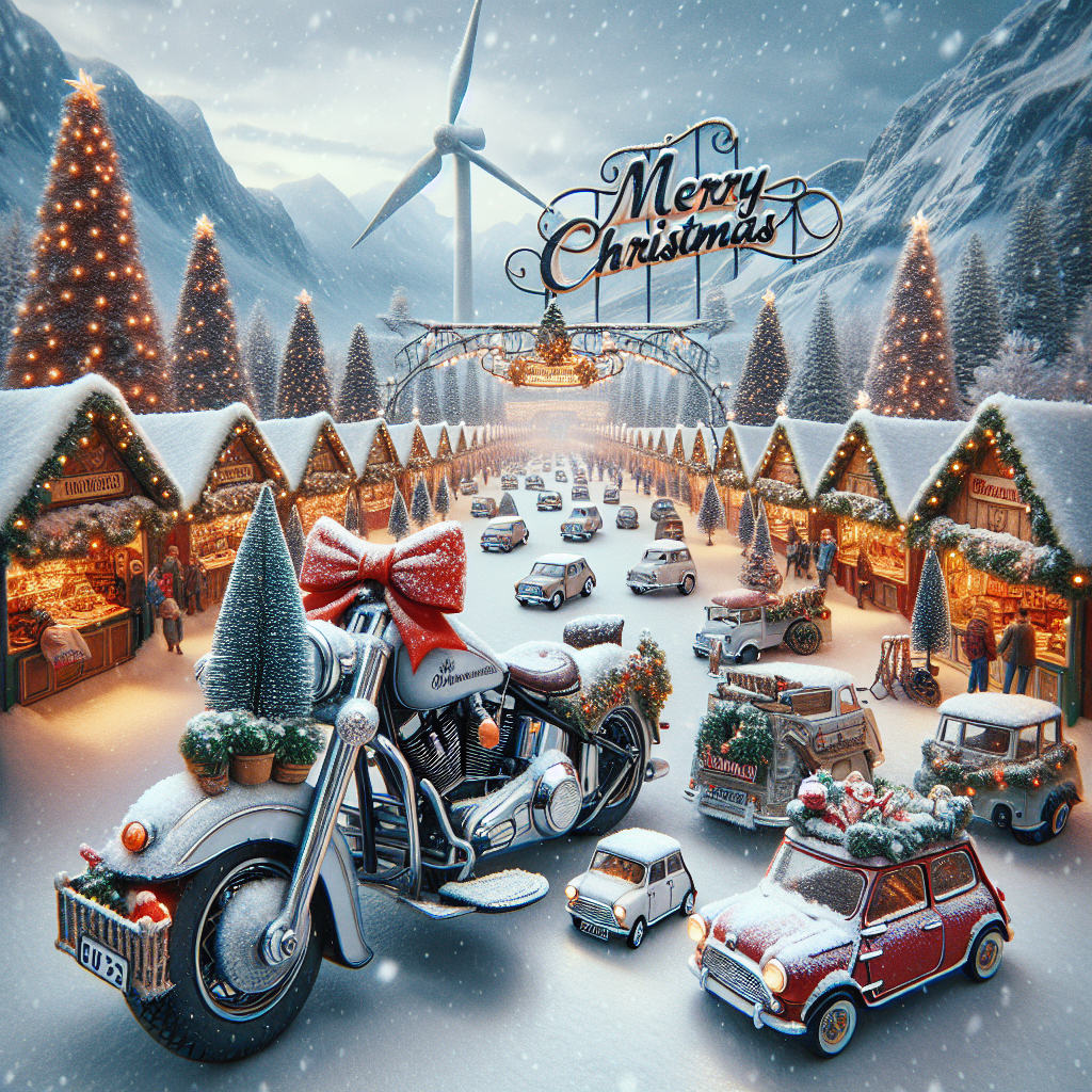 The scene opens to a serene Christmas market with realistic snow-dusted stalls. A Harley-Davidson bike, adorned with a red bow and twinkling lights, captures the attention at the market's entrance. Miniature classic Minis, each with a tiny Christmas tree on top, create a parade along the snowy path. In the background, a stately wind turbine operates amidst the snowflakes, a symbol of sustainable holiday cheer. The festive greeting, 'Merry Christmas,' is emblazoned above in a cheerful, seasonal font, completing the heartwarming tableau.
Generated with these themes: Harley Davidson/Minis/Snow/wind turbine .
Made with ❤️ by AI.