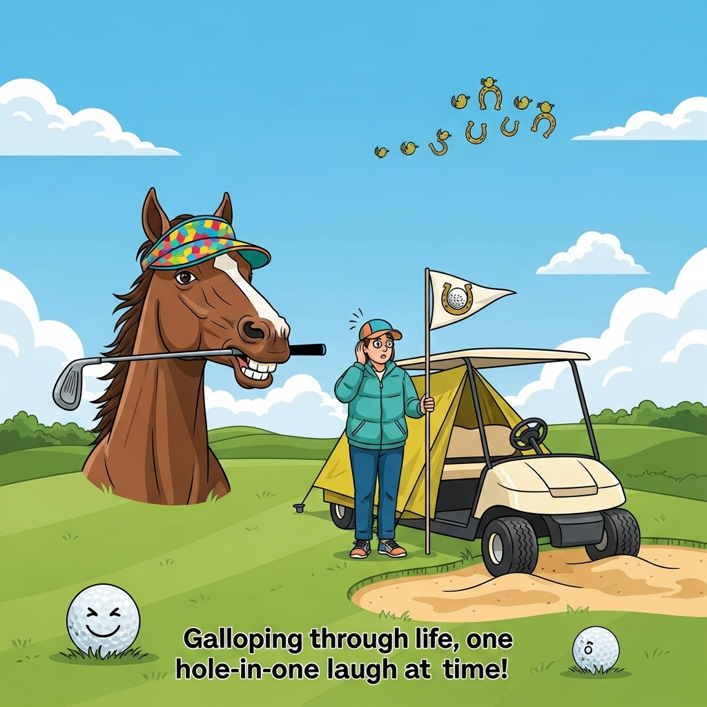 **Image Prompt:**

Create a vibrant, vector-style illustration featuring a humorous scene on a sprawling golf course. On the left, depict a horse with a cheeky expression, wearing a colorful golf visor and attempting to swing a golf club with its mouth. Beside the horse, show a person with a bewildered look, dressed in camping gear, standing in a makeshift tent set up in a golf cart. The golf cart is parked comically in a sand trap, and the person is holding a flag with a doodle of a golf ball and a horseshoe. 

In the sky, add a small flock of birds shaped like tiny horseshoes flying in a perfect 'V' formation. On the ground, scattered golf balls are seen, with one having a smiley face drawn on it.

**Text Caption:** "Galloping through life, one hole-in-one laugh at a time!"
Generated with these themes: Golfing, horses, side by side, camping, and .
Made with ❤️ by AI.