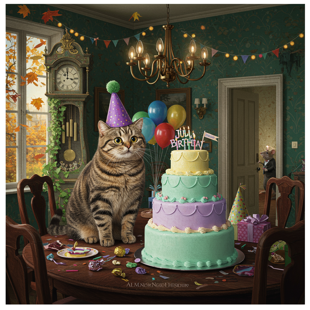 In the foreground, a rotund and slightly mischievous tabby cat wearing a vibrant purple party hat with a large green pom-pom on top is seated on a richly detailed, Victorian-style dining table. Its eyes are wide with curiosity as it paws at an oversized birthday cake. The cake is a multi-tiered confection in shades of soft pastels: lilac, mint green, and pale yellow, topped with a tiny flag that reads "Julia" in an elegant, swirling script.

The cat is surrounded by a chaotic array of party elements: colorful balloons in shades of blue, red, and yellow float lazily in the background, and strings of twinkling fairy lights dangle from above, casting a warm, golden glow over the scene. On the table, a scattering of party favors—noisemakers and little foil-wrapped chocolates—add splashes of reflective color.

Behind the table, a tall, old-fashioned grandfather clock stands, its face painted with whimsical Roman numerals and adorned with intricate carvings of ivy leaves and small woodland creatures. To the left, a bay window reveals an outside world of softly falling autumn leaves, painted in rich tones of russet, amber, and gold, drifting through a crisp, clear blue sky.

To the right, an open doorway leads into another room, where a shadowy figure of a mouse in a tuxedo peeks curiously at the scene, clutching a tiny wrapped gift in one paw. The walls of the room are painted a deep, warm teal, decorated with subtle Art Nouveau-inspired floral patterns, and a vintage chandelier hangs overhead, completing the scene with its ornate brass and glass details.

This composition combines elements of whimsy, detail, and a touch of the fantastical, inviting viewers to lose themselves in the scene much like a vintage illustration with a modern, humorous twist.
Generated with these themes: Funny cat.
Made with ❤️ by AI.