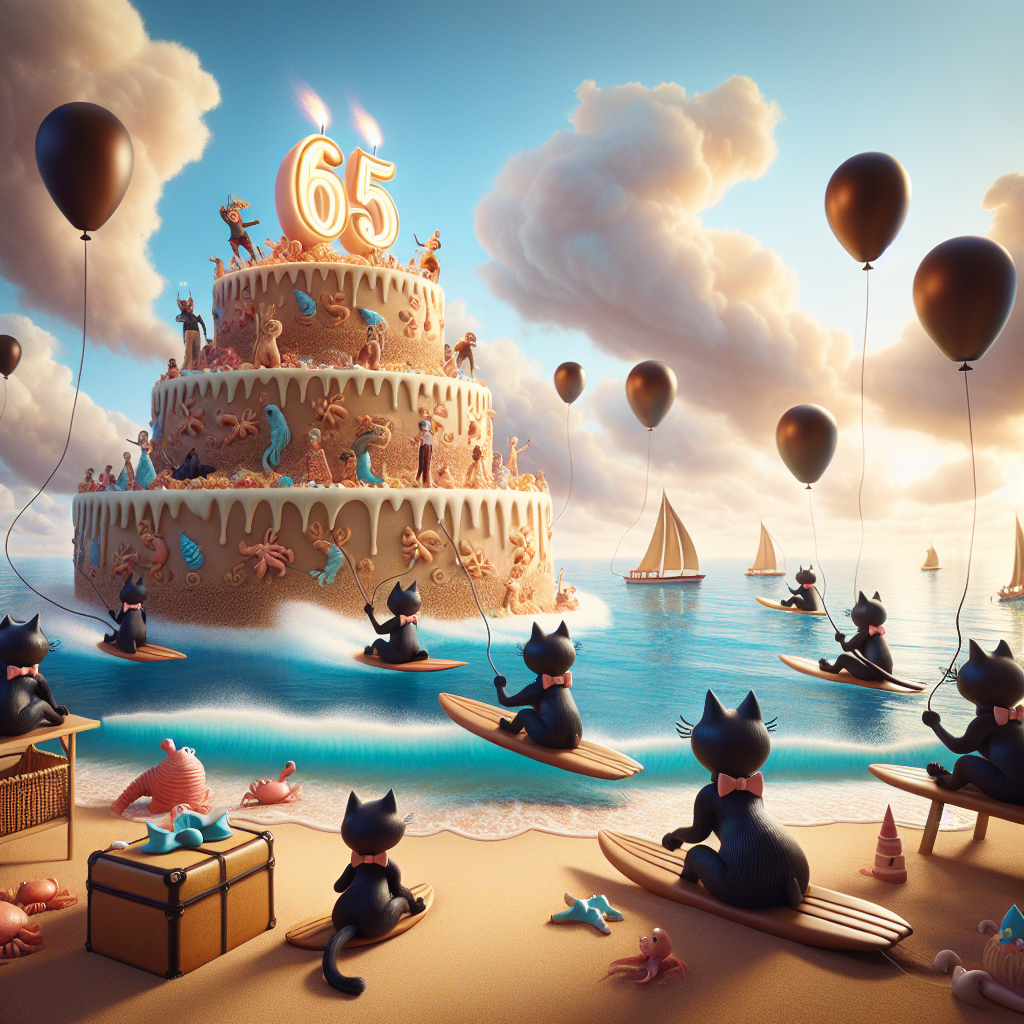 Envision a tranquil beach setting on the brink of a dream realm. Floating in the expansive sky, the number '65' glows, casting its radiance upon a festive gathering below. Whimsical black feline creatures attired in jolly bow ties skim the sea riding on cocoa-colored surfboards, their fur shimmering in the sun's rays. Trilled laughter of grandchildren echoes as they shape sandcastles with doors of fantasy, insinuating paths to unfathomable realms. The rhythmic whisper of the sea caresses the shoreline dotted with dessert-like crabs and starfish. At the heart of the activity, a grandiose cake modeled to resemble a seaside lighthouse stands, beckoning the children towards a world of sweet temptations and inventive celebrations.
Generated with these themes: 65, Seaside , Black cats, Chocolate, and Grandchildren .
Made with ❤️ by AI.