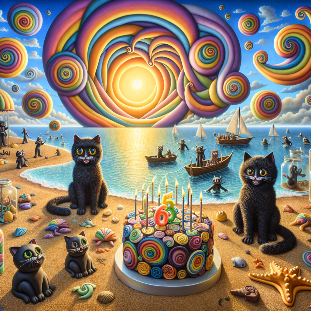 A unique and imaginative birthday scene takes place along a sun-dappled beach. The sky wears a cloak of multi-colored spirals, challenging standard earthly hues. Large-eyed cats with ebon fur and wide smiles play in the water, each bearing a radiant '65' on their flanks. Spread out on the sun-kissed sands are sculptures of seashells and starfish made from chocolate, igniting fits of giggles from children of varying genders and descents. The ocean itself hums the melodies of birthday songs, while a fanciful cake-shaped boat sails near the coast, its sails billowing with the exhilaration of the party.
Generated with these themes: 65, Seaside , Black cats, Chocolate, and Grandchildren .
Made with ❤️ by AI.