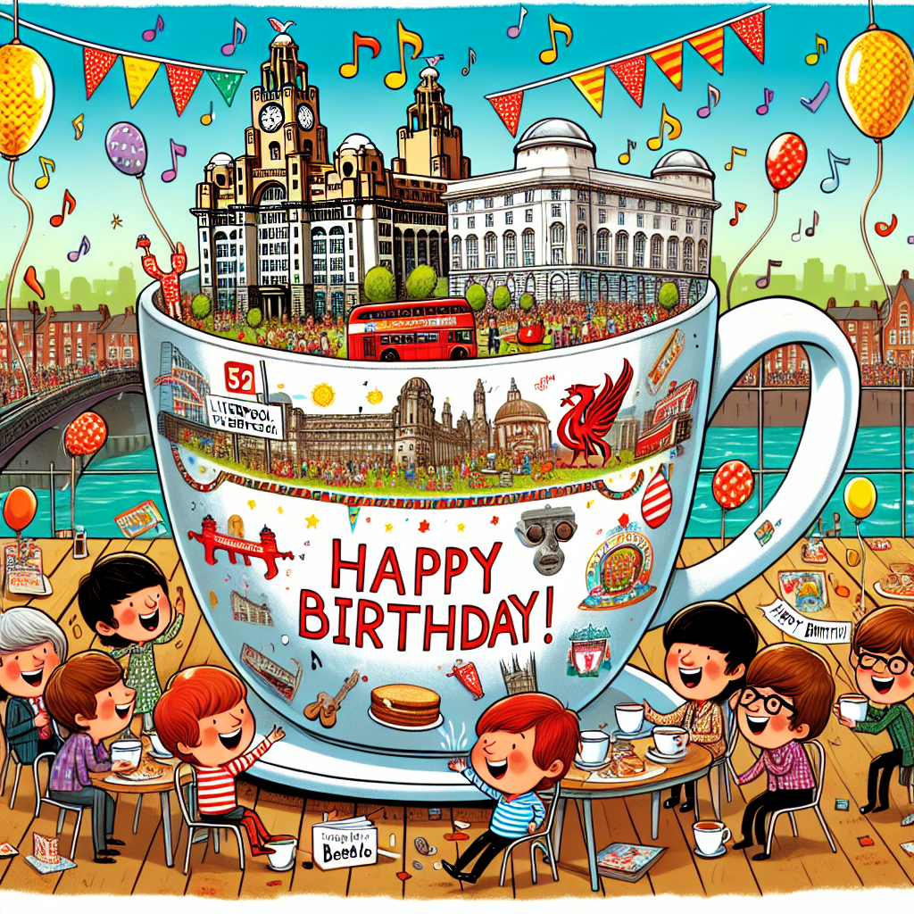 Create a vivid illustration of a charming Liverpool cafe having an enjoyable birthday celebration. The main attraction of the scene is a humorously large birthday tea mug, decorated with well-known landmarks from Liverpool and elements related to football. Surrounding the mug are joyful characters, all participating in a merry tea party. These characters are distinguished by Beatles-like hairstyles and they interact with a 'Happy Birthday' banner that is flying above them. The surroundings are filled with notes of music, indicating a lively birthday party atmosphere typical of downtown Liverpool.
Generated with these themes: Birthday , Tea, Liverpool, and Something cool .
Made with ❤️ by AI.