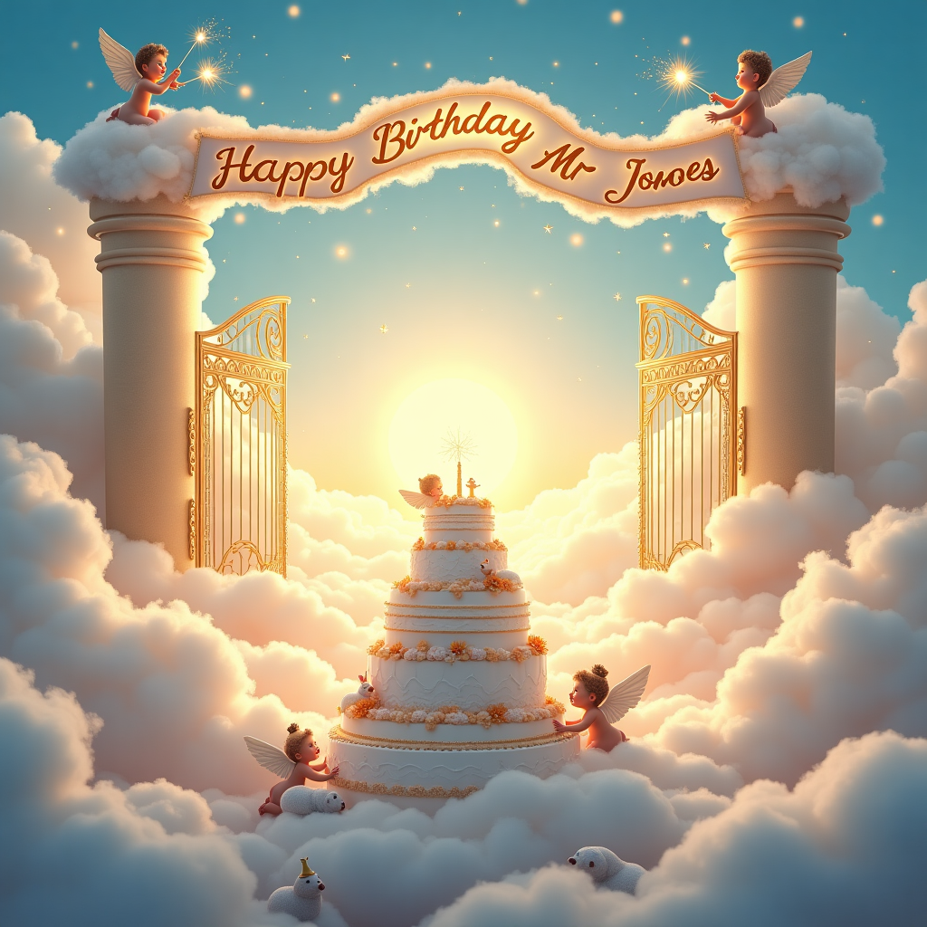 The front cover of the birthday greeting card depicts a whimsical and celestial scene set in the sprawling, cloudy expanses of Heaven. Floating gently amidst fluffy, cotton-candy clouds, an elaborate birthday party is in full swing. The clouds are a brilliant white, with hints of soft pink and golden hues reflecting the ethereal glow of a majestic sun setting on the horizon. The centerpiece of this heavenly celebration is a colossal birthday cake, its layers adorned with intricate angelic designs made of shimmering silver and gold icing. Perched atop the cake, a group of jovial cherubs with tiny wings flit around, holding golden sparklers that trail sparkling stardust in the air.

Suspended in the sky, an enormous, luminous banner arches gracefully between two fluffy cloud pillars. The banner is a deep celestial blue, twinkling with tiny, star-like lights. In a playful, flowing script made of fluffy cloud letters, it reads, "Happy Birthday, Mr Jones!" Below the banner, a celestial orchestra of angels plays heavenly melodies on golden harps, their music notes drifting whimsically through the air, represented by soft, swirly lines.

At the foot of this celestial gathering, a group of smiling, plump cherubs are engaged in a lighthearted game of passing halos, the rings gleaming in the soft heavenly light. Alongside them, a group of doves wearing tiny party hats coos melodiously, joining in the celebration. In the background, an opulent golden gate stands ajar, its intricate filigree glistening, hinting at the wonders beyond. A few fluffy white sheep can be seen lounging lazily on a particularly comfortable-looking cloud, adding a touch of pastoral charm to this heavenly birthday fête.
Generated with these themes: Heaven.
Made with ❤️ by AI.
