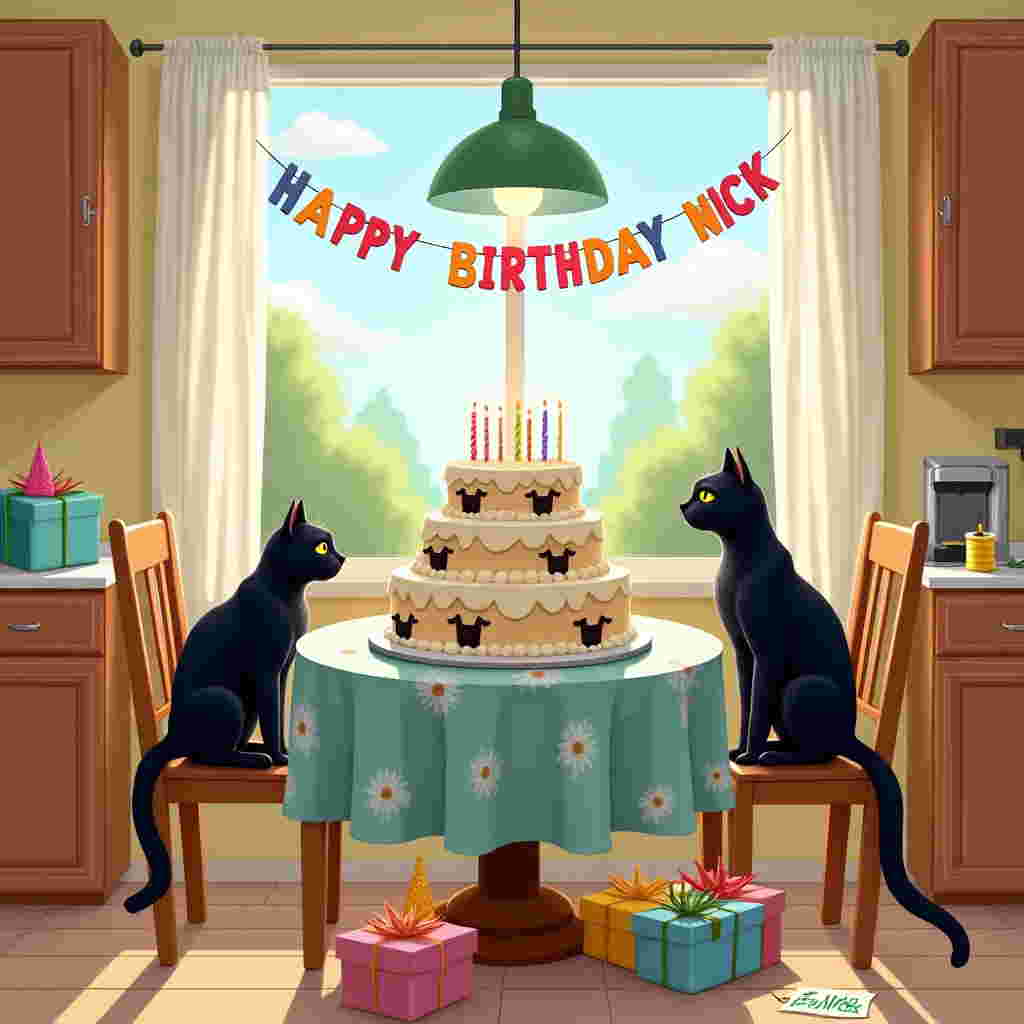 The scene is set in a cozy kitchen with warm wooden cabinets and a soft, buttery yellow paint on the walls, giving a welcoming vibe. In the center of the room stands a round table with a floral-printed tablecloth in shades of teal and white. Atop this table is a grand birthday cake: a triple-layer masterpiece with smooth, creamy white frosting, garnished with delicate black cat-shaped chocolate silhouettes that seem to prance around the sides. The top of the cake is adorned with colorful, spiraling candles in shades of pink, blue, and green.

Perched curiously on the wooden chairs flanking the table are two lifelike black cats. One cat is seated upright, its glossy fur shimmering in the soft glow from the hanging pendant lamp above, with its bright yellow eyes locked onto the cake. The other cat is mid-pounce, its back arched slightly, as if caught in the excitement of the moment.

In the background, a large window with sheer white curtains allows streams of sunlight to filter in, casting playful shadows across the floor. Through the window, a glimpse of a garden is visible, with lush greenery and a clear blue sky above. A single, fluffy white cloud drifts lazily.

On the wall behind the table, a cheerful banner strung between two corners reads "HAPPY BIRTHDAY NICK" in bold, vibrant letters, each one a different color of the rainbow. The letters are crafted to look like they are made from balloons, casting gentle reflections on the wall behind them. This adds a festive touch to the otherwise serene and realistic setting.

Scattered around the table are a few party hats with elastic bands, in various colors: red, blue, and yellow, along with a small pile of neatly wrapped presents in bright, cheerful wrapping paper, tied with ribbons. A single present bears a tag with "For Nick" scribbled in a playful font, sitting prominently next to the cake.

This detailed scene, with its mix of realism and celebratory elements, creates a visually engaging front cover for a birthday greeting card dedicated to Nick.
Generated with these themes: 2 black cats around a birthday cake.
Made with ❤️ by AI.