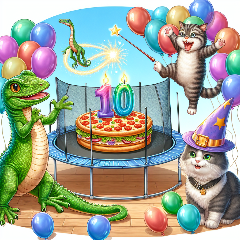Create an enchanting birthday image featuring a delightful gecko and a charming cat rejoicing near a trampoline, which a beaming dinosaur is bouncing on with great enthusiasm. The celebration center showcasing a grand '10' composed of balloons floating above the jolly assembly. A congenial wizard with a wand in hand creating magical birthday blessings while cavalierly floating over them. The picture is finalized with a tempting pizza pie, sliced and prepared to be relished by the elated animal companions.
Generated with these themes: Gecko, Cat, 10, Dinosaur, Wizard, Trampoline, and Pizza.
Made with ❤️ by AI.