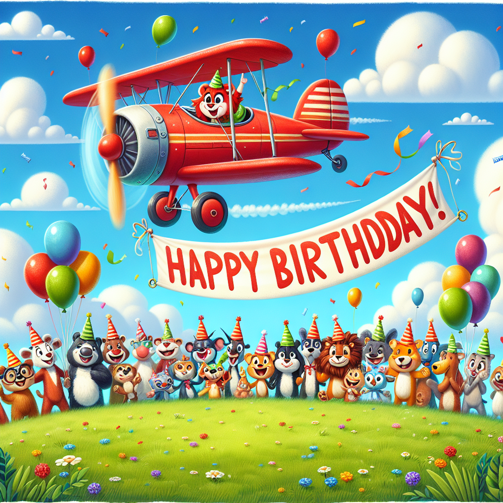 A playful birthday illustration set against a clear blue sky punctuated by fluffy white clouds. In the center of the sky flies a lively, bright red cartoonish biplane exhibiting a joyful smile and expressive eyes, towing behind it a banner proclaiming 'Happy Birthday!' On the rich green meadow below, an array of animal characters, each adorning a festive party hat, congregates in celebration, waving and cheering animatedly. Multi-colored balloons bob up and down in the breeze, contributing to the cheerful setting and completing the festive ambiance.
Generated with these themes: Planes.
Made with ❤️ by AI.