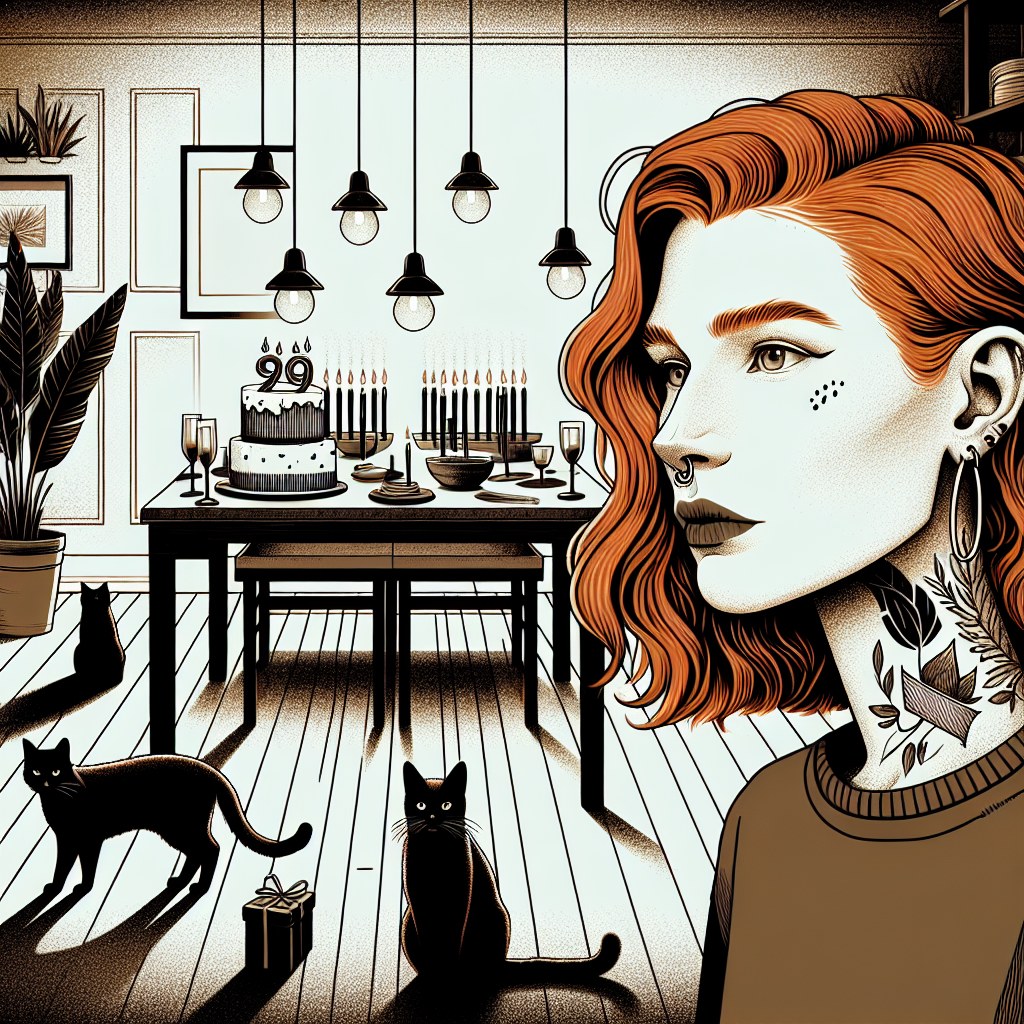 Create a detailed image of a dimly lit room with a birthday celebration happening. In one of the corners, a table is set out with party items arranged with a sense of simplicity and respect for another year. There's a woman with Caucasian descent, with striking ginger hair flowing onto her tattooed arms. Her face displays a soft expression reflecting the refined mood of the room. There are cats wandering around the room, their shadowy silhouettes harmonizing with the minimalistic decorations. The overall atmosphere of the room shows a subdued celebration of life's reality.
Generated with these themes: Lady with tattoos, Ginger hair, and Cats.
Made with ❤️ by AI.
