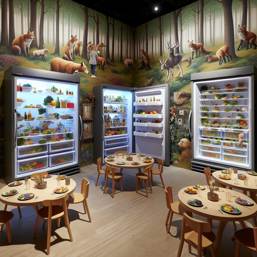 Envision an unusual party space with walls covered in realistic woodland murals that appear to come to life. The centerpiece of the room is a refrigerator with a glass door, containing a fast-forwarding diorama of everyday scenarios, reinforcing the theme 'Reality is in the fridge.' Surrounding the refrigerator are tables, upon which are plates that intriguingly change their designs. The guests of the party are enjoying various foods, each bite of which takes them back to fondly remembered moments from their childhood.
Generated with these themes: Reality is in the fridge.
Made with ❤️ by AI.