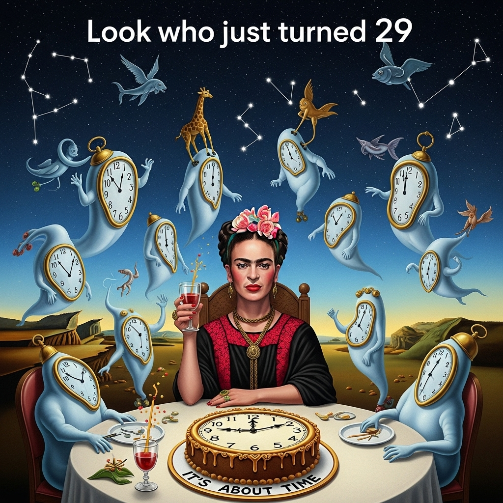 At the top of the Surreal Style image, include the text: "Look who just turned 29".

---

In a mystical, dreamlike setting, create an image where a lively seance unfolds, featuring Frida Kahlo, who is artfully painted with an exaggerated unibrow and vibrant flowers woven into her hair. She sits at a round table, surrounded by an assembly of ethereal spirits who resemble melting clocks and abstract shapes, reminiscent of a Dali masterpiece. Each spirit floats weightlessly, forming an aura of mysterious energy.

In the background, a starry night sky stretches across the canvas, where twinkling constellations morph into peculiar forms – think giraffes on roller skates or fish with wings. In the midst of this surreal spectacle, Frida, with a cheeky grin, raises a glass in celebration. On the table, an ornate cake shaped like a distorted clock commemorates the milestone with the cheeky phrase "It's About Time!"

The image blends elements of whimsy and bold colors, capturing a magical and surreal essence perfect for a memorable, if slightly rude, birthday greeting.
Generated with these themes: Seance with freida kahlo and stars in the background, and .
Made with ❤️ by AI.