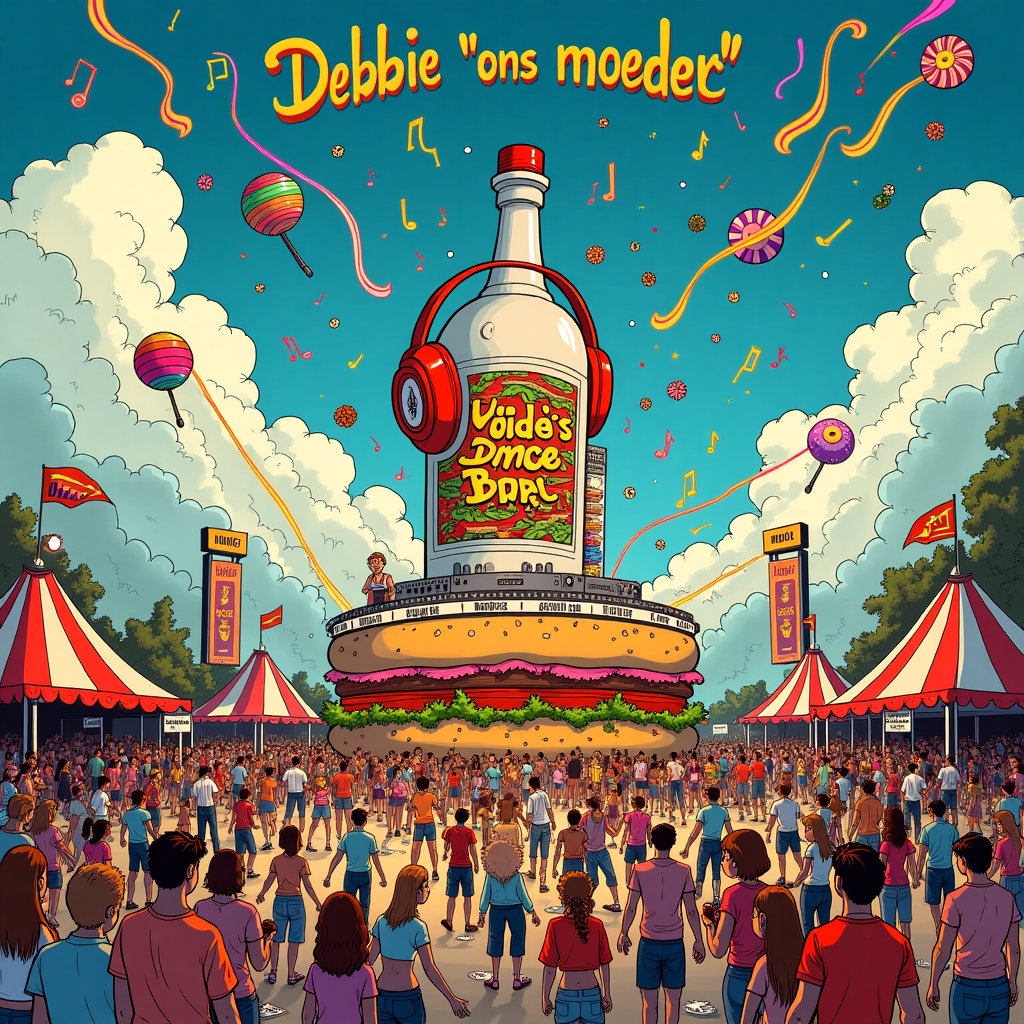 In a vibrant, sprawling techno festival scene, reminiscent of the zany cross-hatch of Gary Larson's work, the center is dominated by a towering burger-shaped DJ booth. The booth is crowned with giant sesame seed headphones, spinning records that emit colorful musical notes swirling through the air. The notes are so animated they seem almost tangible, bouncing around in the chaotic jubilation. To the left, a crowd of jubilant festival-goers, clad in eclectic, neon attire, are dancing with ecstatic abandon. Their movements are fluid and exaggerated, similar to the dynamic characters of Bill Watterson’s Calvin and Hobbes. 

In the background, a vast screen showcases animated, looping visuals of a giant cartoon vodka bottle that occasionally winks and dances along with the music. To the right, a playful parody unfolds as a group of party-goers, looking suspiciously like characters from the Peanuts gang, are in line at a burger stand. They're trading comically large currency for burgers with exaggeratedly over-the-top ingredients stacked higher than their heads. 

Hovering above the festival is a fleet of whimsical, balloon-like flying devices, carrying various festival essentials: oversized lollipops, luminous glow sticks, and sparklers. 

Across the sky, in a homage to the playful creativity of Winsor McCay, fluffy clouds spell out "Debbie 'ons moeder'" in a whimsical, bold script, as if written by a mischievous cosmic hand. This greeting is highlighted by a rainbow laser show, creating a kaleidoscope of colors around the letters. A corner of the scene features a festival tent with a small sign that reads, “Debbie's Dance Den,” suggesting a tribute to her vivacious spirit. The entire scene buzzes with motion, creating a vivid tapestry of celebration and camaraderie.
Generated with these themes: Wodka, Drugs , Techno festival , Burgers, and People having fun.
Made with ❤️ by AI.