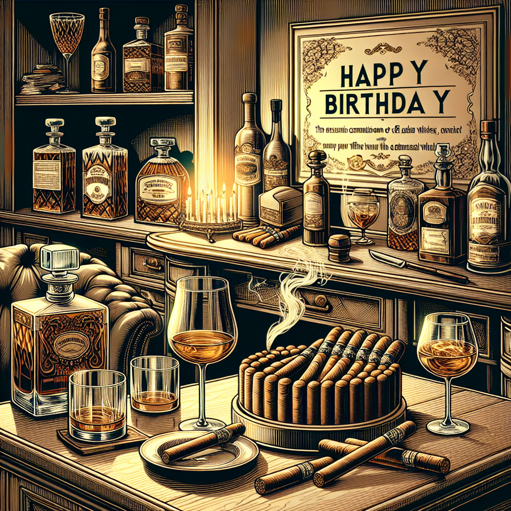 Envision a lavish birthday setting that features a Solemn Vector theme. There, a stylish lounge holds the aura of exquisite indulgence where the fragrant smell of aged whiskey intertwines with the ambrosial whiff of cigar smoke. This environment shows a high trove of opulence, with detailed whiskey decanters and gleaming glasses arranged meticulously on a classic sideboard. A range of hand-rolled cigars is shown with pride, enhancing the plush atmosphere. This scene is prepared for a tasteful celebrant who values the everlasting combination of a satisfying puff and a tranquil sip on their distinctive anniversary.
Generated with these themes: Cigar, and Whiskey .
Made with ❤️ by AI.
