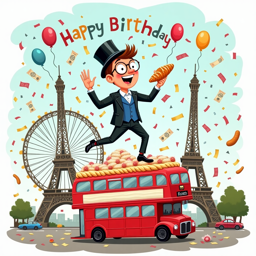 **Prompt:**

An illustrated, funny scene featuring Alex, a quirky accountant with round glasses, a party hat, and a calculator in one hand and a croissant in the other, joyfully standing atop a huge birthday cake shaped like the Eiffel Tower, which is parked on a red London double-decker bus zooming through a shower of confetti and British pounds and euros. Alex is dressed half in a classic French mime outfit and half in a Shakespearean actor’s costume, dramatically shouting “Happy Birthday!” while striking a theatrical pose. Behind him, the London Eye and the Eiffel Tower high-five like old friends in the background. Champagne, ledgers, baguettes, and receipts float around in mid-air in celebration, while balloons shaped like money symbols rise above the scene. The whole image has a playful, chaotic, and jubilant energy.
Generated with these themes: Accountant called alex, Happy birthday, France, London, Acting, Money, and Celebrating .
Made with ❤️ by AI.