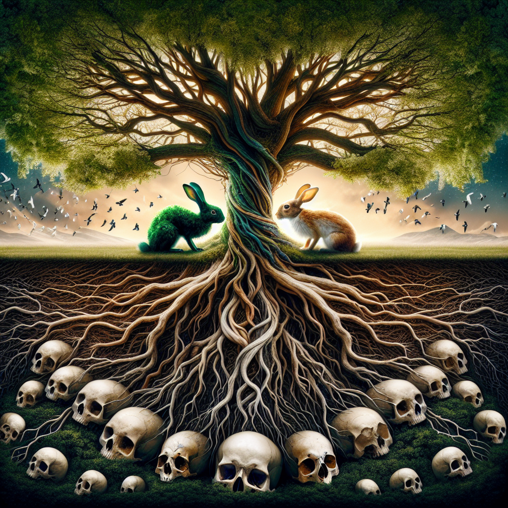 Generate a captivating surreal image that represents an anniversary by blending symbols of love, time, and the cyclical nature of existence. Central to the scene are two rabbits — one skeletal and the other vibrant — entwined in an eternal embrace under the broad branches of an antique tree. The roots of the tree create a complex network around skulls laid beneath the surface, symbolizing an unbreakable bond that overcomes life and death. Above, the tree's foliage transitions from dense green to shadowy skeletal outlines, reflecting the contrast and unity in the image.
Generated with these themes: Rabbit, Love, Skulls, and Tree.
Made with ❤️ by AI.