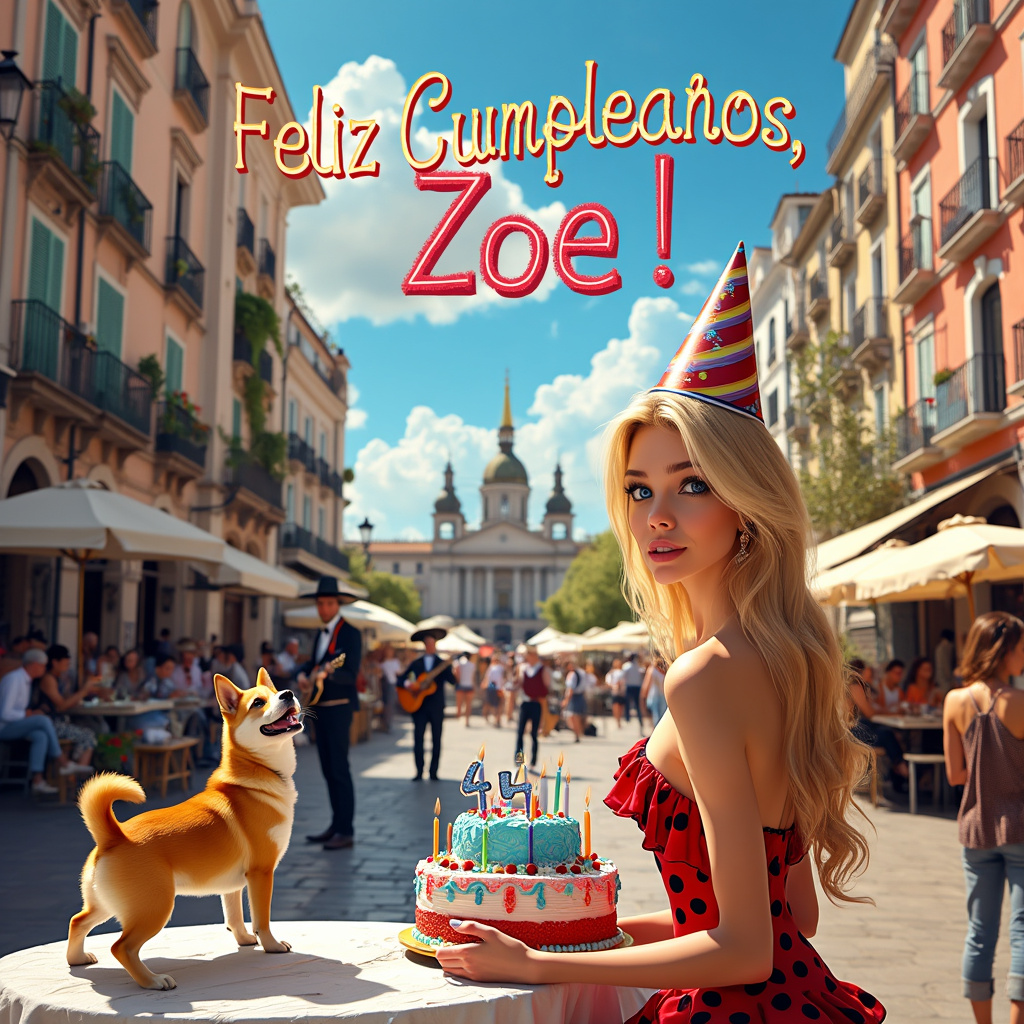 In the vibrant, sunlit streets of Madrid, a picturesque scene unfolds with iconic Spanish architecture and a warm, golden hue bathing the cobblestones. In the foreground, a beautiful white woman with long, flowing blonde hair and striking blue eyes, slim and elegant, is celebrating her 44th birthday. She wears a stylish, flamenco-inspired dress with red ruffles and black polka dots, adding a touch of local flair to her outfit.

Beside her, a charming Shiba Inu dog, donning a playful birthday hat, stands on its hind legs, paws outstretched as if dancing. The Shiba Inu's expressive eyes gleam with joy, and a large, colorful birthday cake rests on a nearby table. The cake is decorated with intricate icing patterns, adorned with 44 candles, and the name "Zoe" prominently displayed in frosty blue icing on the top tier.

Behind them, a bustling plaza teems with life; street performers, market stalls brimming with vibrant flowers, and café tables with patrons sipping on espresso. A group of mariachis, complete with traditional sombreros and guitars, play a lively tune while a banner overhead stretches across two charming Spanish-style buildings, reading "Feliz Cumpleaños, Zoe!" in festive, multicolored letters.

In the background, the silhouette of Madrid's majestic skyline is visible, with the Royal Palace and the Almudena Cathedral peeking through. Above, fluffy white clouds drift lazily in the azure sky, and, in a whimsical touch, the clouds form a subtle shape spelling out "Zoe," adding a dreamy, magical element to the scene.

Every element, from the cobblestones to the distant horizon, is rich with detail and vibrancy, capturing a lively and memorable celebration in the heart of Madrid.
Generated with these themes: Shiba Inu, Blonde woman 44th Birthday, Beautiful white woman long blonde hair blue eyes, Slim build, and Madrid spain.
Made with ❤️ by AI.