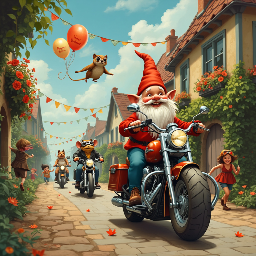 Sure! Here is the detailed description of the scene for the birthday-themed greeting card with motorcycles:

In the foreground of the card, a whimsical yet detailed cobblestone street curves its way through a quaint, slightly fantastical village. The houses are charmingly crooked, with ivy clambering up the walls and flowering window boxes overflowing with bright, cheerful blooms. The scene is reminiscent of a Beatrix Potter village but with a twist of N.C. Wyeth's adventurous spirit.

Taking center stage is a comically small, yet overly elaborate motorcycle parade. Leading the procession is a jovial, round-faced gnome, his pointed hat flapping in the wind, astride a shiny, oversized motorcycle. The motorcycle is humorously detailed, complete with chrome exhausts, tassels on the handlebars, and a miniature sidecar where a tiny, bespectacled mouse waves a flag with the words "Happy Birthday!" scrawled in playful, looping script.

Behind the gnome, a series of equally whimsical characters follow suit on their own peculiar motorcycles. There's a dapper fox in a waistcoat and monocle, riding a motorcycle made entirely of interconnected gears and cogs, a nod to the intricate illustrations of Arthur Rackham. A plump toad, reminiscent of Beatrix Potter’s Mr. Toad, is barely visible behind the handlebars of a classic vintage bike, his bulging eyes peering out from under a comically oversized helmet.

Above them, colorful, stringed bunting stretches between the houses, fluttering in the breeze. The sky is a mix of Maxfield Parrish's enchanting twilight blues and golds, dotted with fluffy clouds and a few cheeky sparrows, each one dressed in tiny aviator goggles, trailing streamers behind them.

To the side, a couple of children, inspired by the lively characters of Maurice Sendak, are running alongside the parade, waving and laughing. One child is holding a balloon shaped like a miniature motorcycle, while another is trying to keep up with an excited puppy on a leash.

In the background, a stylized signpost directs towards "Birthday Bash, 2 miles ahead" with playful arrows pointing in various directions. The sign is festooned with tiny pennants and whimsical doodles. 

The cobblestones of the street are interspersed with blooming wildflowers, and a chubby squirrel, taking inspiration from Edward Gorey’s charming oddities, watches the parade from the top of a lamppost, nibbling on a birthday cupcake.

This delightful, highly detailed scene captures a moment of joyful celebration, blending a myriad of inspirations into a single, enchanting birthday card cover.
Generated with these themes: Motorcycles.
Made with ❤️ by AI.