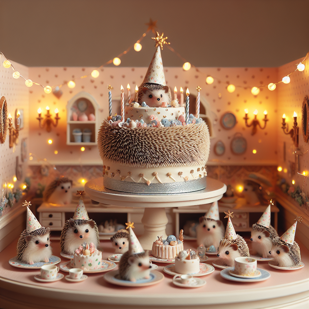 The image depicts a charming indoor birthday celebration, specifically designed for miniature hedgehogs who are featured as distinguished guests. Each little hedgehog is adorned with a delicate party hat carefully placed on their heads. The room merrily lit with glimmering fairy lights and is embellished with tiny, handcrafted ornaments. In the central focus of the room, there is an enchantingly realistic cake designed to mimic a hedgehog. The cake is encircled by petite dishes and napkins, all intricately decorated with hedgehog patterns, which cumulatively emanate an aura of whimsicality and happiness.
Generated with these themes: Hedgehogs .
Made with ❤️ by AI.