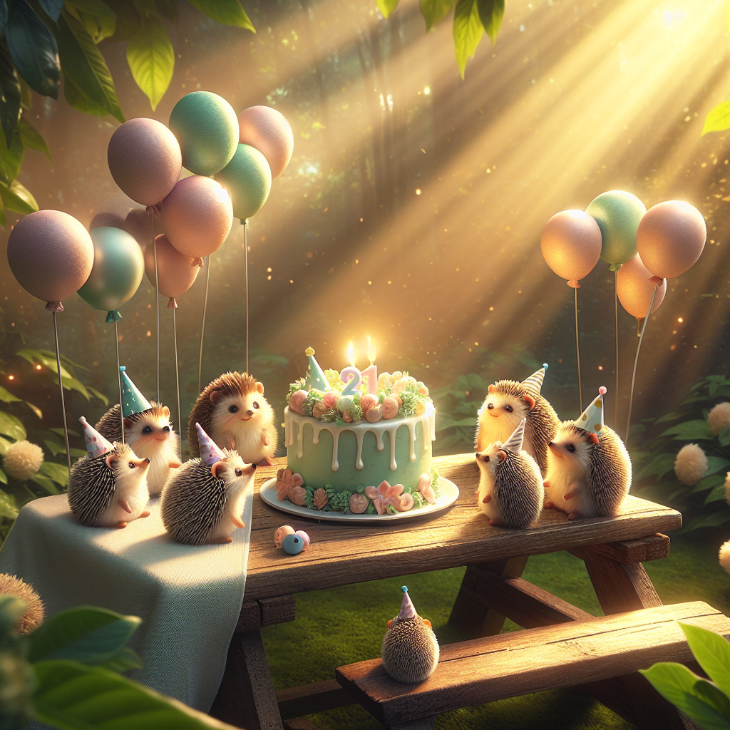 Visualize an endearing and realistic birthday celebration where a group of lovable hedgehogs congregate around a petite, delicately ornamented cake stationed in the middle of a rustic picnic table. The surroundings sparkle with pastel-toned balloons that sway tenderly in the gentle wind, adding to the charm, while the hedgehogs don tiny festive hats. Above them, sunbeams filter through the leafy canopy, bestowing a warm, golden illumination onto the captivating scene.
Generated with these themes: Hedgehogs .
Made with ❤️ by AI.