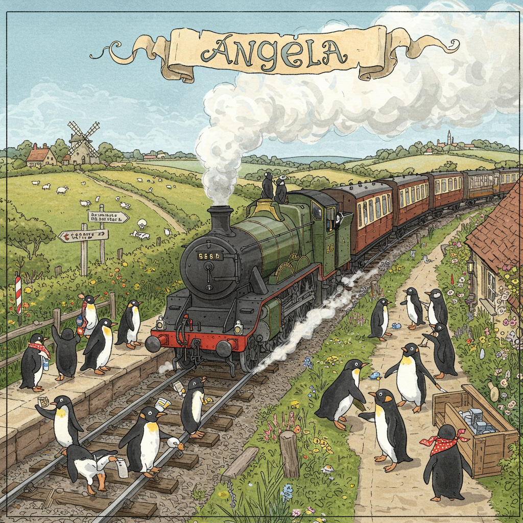 In the foreground of the greeting card, envision a bustling scene filled with playful penguins. They are scattered across a vibrant, lively platform at a quaint countryside station, somewhere between the lush green landscapes of Kent and East Sussex. Each penguin is meticulously detailed, capturing the charm of Maurice Sendak’s creatures with a hint of Quentin Blake’s whimsical flair.

The steam train, reminiscent of an N.C. Wyeth illustration, chugs along the tracks that curve gently around the scene. Its grand engine is adorned with an ornate brass bell and rich, dark green and black carriages trailing behind. Wisps of white steam billow and curl in the sky above, adding a dynamic element to the illustration.

Among the penguins, some wear tiny, vintage conductor hats, while others playfully attempt to climb aboard the train, their flippers waving with excitement. One particularly adventurous penguin, perched atop the train's engine, wears a little red bandana for a pop of color.

In the background, rolling hills stretch into the horizon, detailed with Beatrix Potter’s pastoral sensitivity. A narrow country road winds through the fields, bordered by hedgerows and wildflowers in hues of lavender and buttercup yellow. Dotted along this road are signposts pointing towards local villages, styled with the intricate detailing of Edward Gorey.

Above the train, a banner stretches across the sky, cleverly crafted from the trailing steam. Written in swirling, bold letters, the name "Angela" stands out against the soft blue expanse, each letter appearing as though it is being woven from the steam itself.

For additional detail, small, scattered elements like a distant windmill, rustic stone cottages, and a flock of sheep grazing, echo Arthur Rackham’s storytelling landscapes, providing a rich tapestry that invites exploration.
Generated with these themes: Lots of penguins and a steam train, and On the road between Kent and EastSussex .
Made with ❤️ by AI.