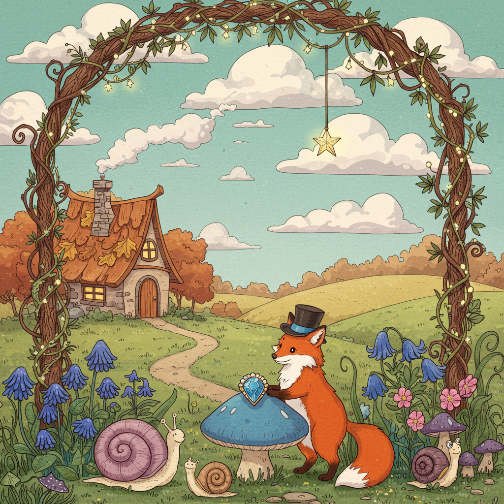 In the foreground, imagine a small, cheerful fox donning a top hat, balancing a tiny, ornate umbrella on the tip of its bushy tail. The fox is standing beside a vibrant and detailed patch of wildflowers in vivid colors: blues, pinks, and yellows with intricate petal designs. The fox is delicately placing a comically large teardrop-shaped sapphire gemstone onto a soft, pillowy mushroom cap that's a rich, velvety green.

In the background, sketch a whimsical, winding path that leads to a quaint, fantastical cottage. The cottage's roof is made of overlapping autumn leaves in hues of deep amber and burnt sienna. Its chimney emits puffs of spiraling pastel-colored clouds. Flanking the path are charming, oversized snails with beautifully detailed spiral shells, painted in pastel shades of lavender and mint.

On the horizon, a gently rolling hill painted in a gradient of golden and light teal hues. Above, a sky filled with an array of stylized, cotton-candy clouds that have subtle hints of rose and lavender, each adorned with silver linings. Hanging from one of the clouds is a small, ornate, swinging lantern shaped like a star, casting a soft, glowing light below.

The entire scene is framed by an elegant archway of twisted, gnarled branches, festooned with small, twinkling lights and delicate vines that intertwine like a complex tapestry. The colors are rich and saturated, reminiscent of an Arthur Rackham or Maxfield Parrish illustration, with a playful yet intricate attention to detail.
Generated with these themes: Cheerful sympathy statement.
Made with ❤️ by AI.