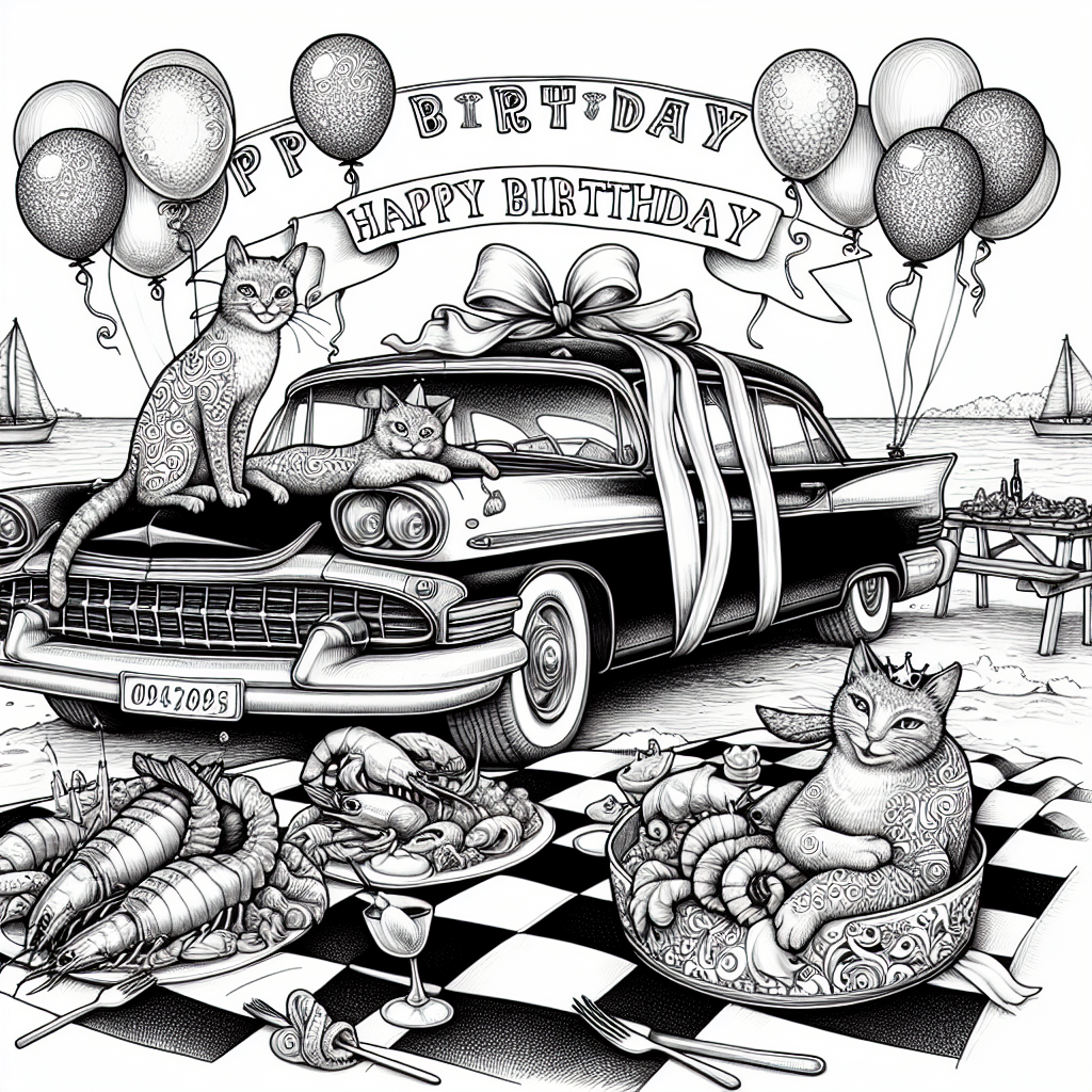 Create a festive illustration of a birthday celebration by the sea, with mischievous cats, their bodies adorned with complex tattoo designs, lounging contentedly on the hood of a vintage car. The car, exquisitely wrapped in a festive ribbon, stands as the main focus of the composition. The cats partake in a lavish birthday feast of seafood, with plates filled with salmon, lobster tails, and clams laid out on a checkered picnic blanket. Above them, festive balloons bob gently in the breeze, amplifying the sense of celebration.
Generated with these themes: Cats, Cars, Tattoos, and Seafood.
Made with ❤️ by AI.