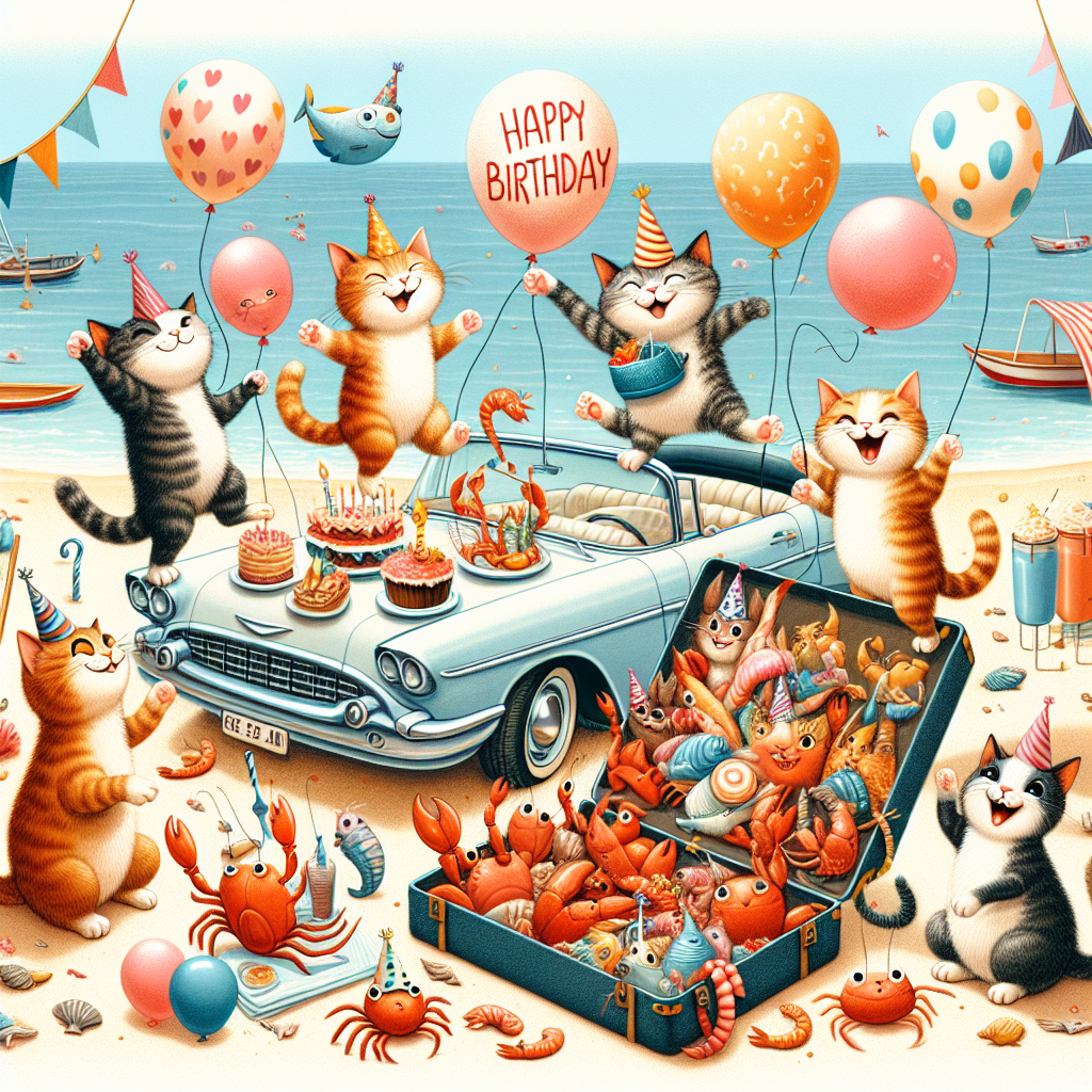 Create a playful birthday illustration set on a sunny beach. The scene features a group of whimsical cats, laughing and leaping with delight. Some cats, with different fur colors, bear cute, imaginative tattoos of tiny fish and anchors. They are gathered around a vintage convertible parked on the sandy beach, decorated with vibrant streamers and helium-filled balloons. In the open trunk of the car is an abundant array of delectable seafood delicacies including crabs, shrimps, and oysters, beautifully arranged as if dipped in the ocean's own bounty, all ready for the cats' grand feast.
Generated with these themes: Cats, Cars, Tattoos, and Seafood.
Made with ❤️ by AI.