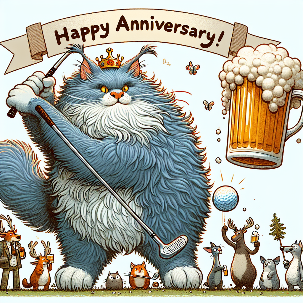 Illustrate a humorous and cartoonish scene. The focus of the scene is a large, fluffy blue Maine Coon cat. This cat is uniquely holding a golf club with its tail, ready to swing it at a golf ball that peculiarly resembles a frothy mug of beer. Set this scenario against the backdrop of a banner displaying 'Happy Anniversary!'. Completing the scene, there are comically drawn woodland animals of various species acting as bystanders. Each animal has a different playful demeanor and is raising a glass of beer in a gesture of celebration.
Generated with these themes: Blue maine coon cat , Golf, and Beer.
Made with ❤️ by AI.
