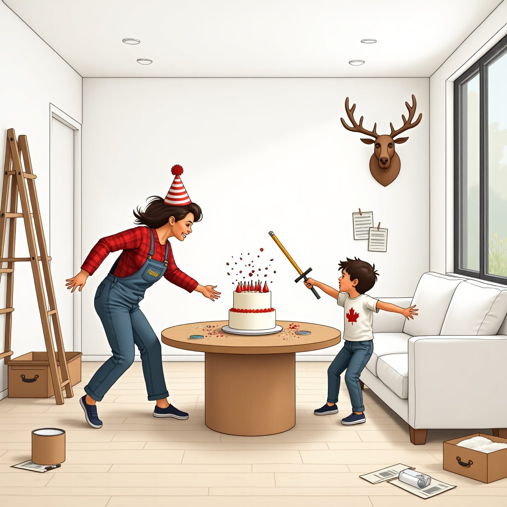 **Front Cover Illustration: "Birthday Chaos"**

The scene unfolds in a contemporary Canadian living room that's in the midst of a tasteful home renovation, characterized by its minimalist white decor. Picture a bright, open space with sleek white walls, a polished concrete floor, and an open-concept design. 

At the center, a large, round wooden dining table acts as a hub of activity. Its natural grain contrasts with the room's minimalist palette, and it's topped with a cheerful white tablecloth, slightly askew. On the table, a simple yet elegant white cake stands tall, dotted with maple leaf decorations, a nod to Canadian heritage. The cake's understated design mirrors the minimalism theme, with a single, striking gold "Happy Birthday" topper.

To the side, a distressed but charming mum stands in front of an open tool box, hinting at ongoing renovations. She's clad in a playful fusion of practical painter's overalls and a festive party hat. Her hair is speckled with both confetti and drywall dust, symbolizing her juggling act between celebration and construction.

In the foreground, two kids are engaged in a playful tussle. One child, dressed in a red flannel shirt with tiny beavers embroidered on the pocket, mimicking the classic Canadian attire, is mid-air, being pushed off a nearby stylishly modern white couch. The other child, wearing a T-shirt emblazoned with a miniature hockey stick, stands triumphant, wielding a balloon sword. The couch is placed on a newly installed hardwood floor, the polished planks gleaming in the afternoon light.

Background elements include a ladder leaning against the wall, a paint roller dangling precariously from a rung. A swatch of paint samples pinned beside it showcases an array of neutral tones—creams and whites—emphasizing the minimalism theme. Near the ladder, a curious moose head made from intricately woven birch branches adds a touch of whimsy and a Canadian signature to the room. 

Above, a string of colorful, mismatched party flags drape from wall to wall, introducing a burst of color that disrupts the room's neutral scheme, adding to the dynamic chaos of the birthday scene.

**Design Inspiration:**
The drawing style takes cues from Norman Rockwell's detailed narrative and Quentin Blake's expressive line work. The characters are imbued with the exaggerated features of Maurice Sendak's illustrations, while the intricate details and texture mimic the style of Arthur Rackham. The juxtaposition of whimsy and detail in Edward Gorey's work is evident in the play between the orderly decor and the birthday pandemonium.
Generated with these themes: Birthday, stressed mum, Canadian, minimalism, white decor, home renovation, fighting kids.
Made with ❤️ by AI.