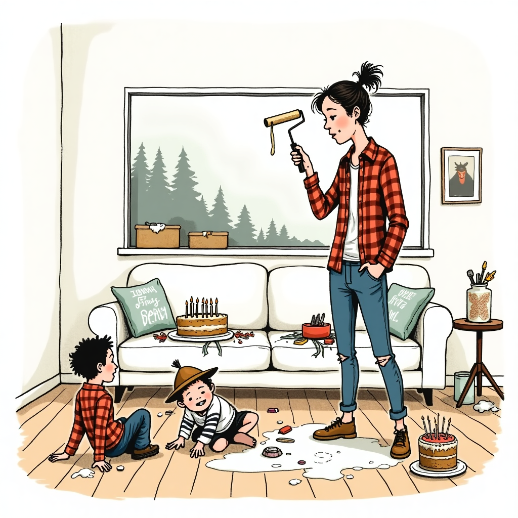 The front cover of the birthday greeting card will depict a humorous and chaotic domestic scene, infused with elements of minimalism and a distinctly Canadian flair. The illustration is hand-drawn with an eye for detail and expressiveness, merging the intricate line work reminiscent of Aubrey Beardsley with the whimsicality of Quentin Blake.

### Scene Description:

#### Central Figures:
1. **Stressed Mum**: 
   - She stands at the center, wearing a plaid flannel shirt and distressed jeans, nodding to Canadian attire. 
   - Her hair is tied in a messy bun with a few strands falling out, capturing a sense of being frazzled.
   - In one hand, she holds a paint roller dripping with white paint, indicative of ongoing home renovation. 

2. **Fighting Kids**:
   - Two children, one in a hockey jersey and another in a Mountie hat, are playfully bickering on the floor. 
   - Toys and paintbrushes are scattered around them, adding to the sense of chaos.

#### Background:
- **Living Room Setting**: 
  - The backdrop is a minimalist-styled living room, with walls half-painted in white, showing the transition of home renovation.
  - A large window reveals a glimpse of a Canadian landscape, with pine trees and perhaps a moose in the distance.
  
- **Decor and Elements**:
  - A white, modern sofa is covered with paint splatters and scattered birthday-themed decorations like deflated balloons and tangled streamers.
  - A small table in the corner holds an unlit birthday cake, with candles leaning precariously, suggesting anticipation.

#### Additional Details:
- **Flooring**: 
  - Wooden floorboards with a glossy finish, a few paint cans overturned near the corner, oozing white paint onto the floor.

- **Walls and Art**:
  - One wall features a half-hung picture frame, tilted and partially covered with painter's tape, hinting at the renovations in progress.
  
#### Colors and Lines:
- **Color Palette**: 
  - Muted earthy tones with pops of red and green from Canadian symbols and birthday decor. 
  - The dominant white from paint and decor lends a minimalist aesthetic, while the splashes of color add vibrancy.

- **Line Work**:
  - Use thin, expressive lines to create a sense of movement and liveliness. 
  - Detailed textures in clothing, wood grain, and decor items, echoing Edward Gorey’s intricate style.

This illustration should blend humor with the chaos of family life, adding a touch of Canadian identity and minimalistic design, to create an engaging and memorable birthday card cover.
Generated with these themes: Birthday, stressed mum, Canadian, minimalism, white decor, home renovation, fighting kids.
Made with ❤️ by AI.