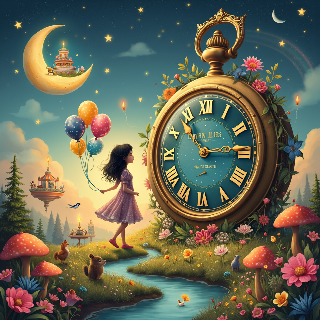 The front cover of the birthday card features an enchanting and surreal landscape where reality blends with the whimsical. In the center, a colossal, vintage pocket watch stands vertically, its face covered with vibrant, blooming flowers such as peonies, roses, and sunflowers. The hands of the clock are made from glistening silver vines that wrap around a large, golden numeral 12. Instead of the usual numbers, each hour is marked by a tiny, intricately detailed bird sitting on a branch: a cardinal at one, a blue jay at two, and so forth.

Mia, the central character, is a young girl with a cascade of raven-black hair. She is standing on the watch's glass surface, her feet lightly touching as though she’s weightless. She’s wearing a whimsical dress made of a fabric that looks like it’s been woven from the night sky—dark blue with sparkling stars and tiny silver comets streaking across it. In her hands, she holds a bouquet of balloons that look like they are made of glass, each one reflecting a different scene from her life: a birthday cake, her family, her favorite pet, and her most cherished memories.

Surrounding the watch is a meadow of oversized, luminous mushrooms with polka-dotted caps, casting a gentle glow over the scene. A stream made of liquid gold snakes its way through the meadow, reflecting the light of a crescent moon that hangs unusually low in the sky, almost within reach. On the banks of the stream, there are oversized teacups with little creatures—like squirrels and hedgehogs—sipping from them.

Above Mia and the watch, a sky filled with floating islands drifts lazily. Each island holds a different quirky, detailed scene: a carousel with unicorns, a giant library with floating books, and a carnival with rides operated by friendly robots. A rainbow bridge connects two of these islands, its colors vibrant and shimmering like gemstones.

In the background, a gigantic birthday cake, as tall as a skyscraper, is topped with glowing candles. Each layer of the cake is decorated differently: one layer looks like an enchanted forest, another like an underwater coral reef, and the topmost like a circus tent with tiny acrobats performing.

The entire scene is framed by an ornate, golden archway that is entwined with ivy and small, twinkling fairy lights, inviting the viewer into this magical, surreal world where every element tells a piece of Mia’s story.
Generated with these themes: Mia.
Made with ❤️ by AI.
