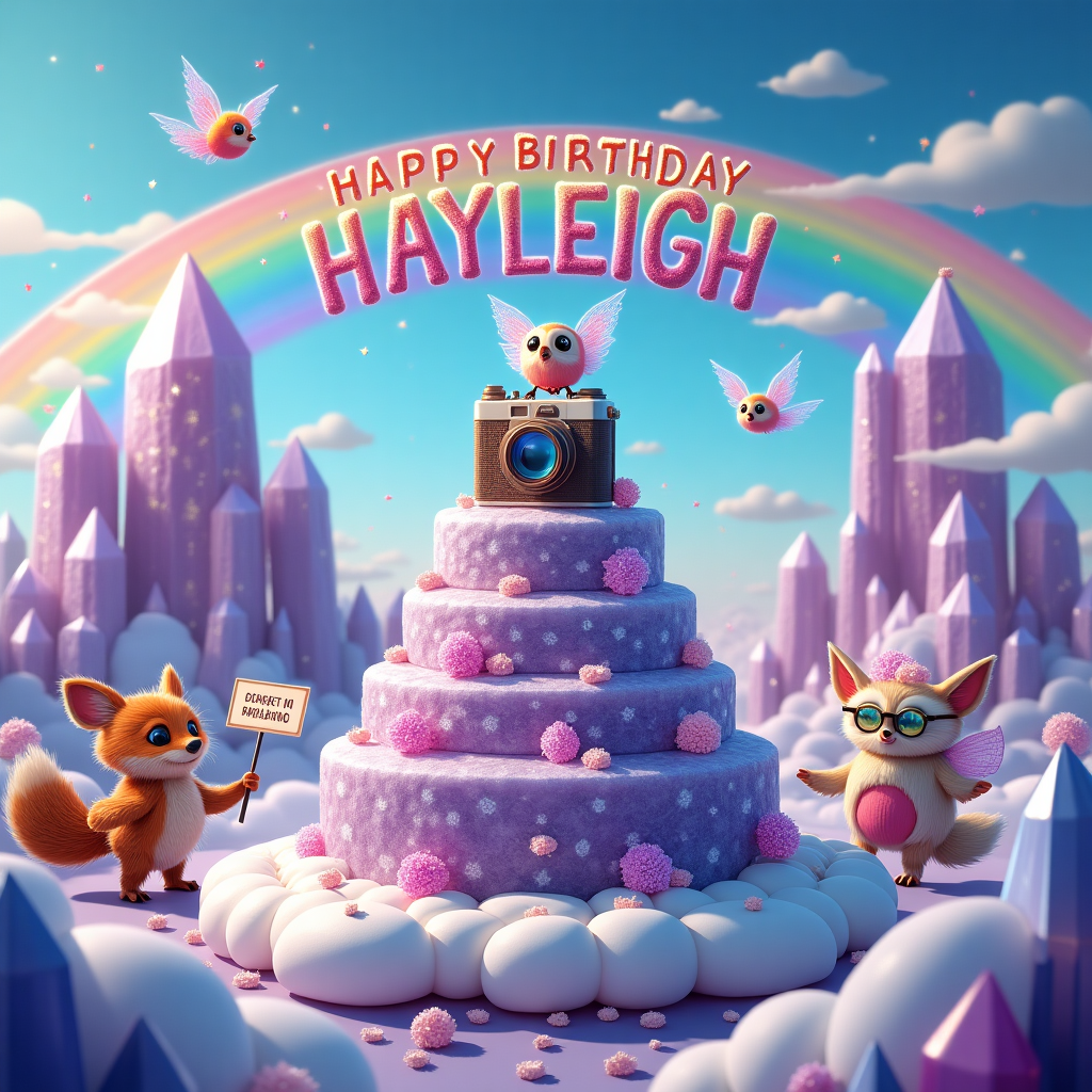 In a whimsical landscape that seems to blur the lines between reality and a dream world, a comical scene unfolds under a brilliant, technicolor sky. In the center, a crystalline birthday cake, shimmering with iridescent hues, stands majestically on a floating platform made of fluffy, pastel clouds. The cake is adorned with sparkling amethyst geodes as decoration, each casting tiny rainbows in the sunlight. Perched atop the cake is a whimsical, vintage camera, sprouting a tiny pair of fairy wings. This enchanted camera, with an old-school accordion body and a quirky lens, snaps away merrily, capturing the moment with little bursts of light and laughter.

Beside the cake, a group of eccentric, cartoonish characters gather—each resembling an ethereal creature that could only exist in a child's imagination. One character, a meditative owl with oversized glasses, is balancing a camera tripod on one wing, while adjusting its lens with the other. Another, a giggling, crystal-headed fox with a tail made of film reels, holds up a large reflector to ensure the perfect shot.

In the background, towering crystal formations rise like mountains, reflecting a spectrum of colors that dance across the scene. Among these crystals, the name "Hayleigh" is magically etched into a giant amethyst, glowing softly as though lit from within. The letters of her name are bold and playful, surrounded by a constellation of tiny, twinkling stars.

A humorous touch is added by a group of mischievous pixies, one of which is hovering mid-air, playfully holding a small sign that reads, "Smile, you're on birthday camera!" Above, a banner fashioned from shimmering, translucent clouds drapes across the sky, wishing a "Happy Birthday Hayleigh!" in letters formed by prismatic light.

The scene is an exuberant blend of crystals, photography, and spirituality, crafted into a fantastical birthday celebration for Hayleigh, where the magic of the moment is forever captured by a lively, enchanted camera.
Generated with these themes: Crystals, Photography, and Spiritual.
Made with ❤️ by AI.