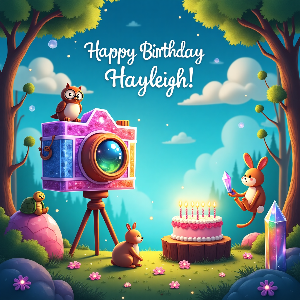 In a whimsical and vibrant scene, imagine a magical birthday garden where crystals grow like flowers. The sky is a deep cerulean blue, dotted with fluffy clouds, one of which spells out "Happy Birthday Hayleigh!" in swirly, ethereal script, as if written by an invisible hand. In the center, a giant crystalline camera with a lens that glimmers like a kaleidoscope stands perched on a tripod, its body made entirely from a rainbow of sparkling gemstones. This enchanted camera is alive, with an expression of excitement, its lens blinking like a curious eye.

Around the camera, a group of quirky, cartoonish animals are having a spiritual photo shoot. There's a wise owl perched on a branch, wearing tiny round spectacles and a zen-like expression, a thoughtful turtle meditating on a large amethyst crystal, and a cheerful rabbit attempting to strike a yoga pose atop a rose quartz boulder. The ground is carpeted with clover, dotted with tiny reflective mirrors that capture the sunlight, creating a dazzling array of shimmering lights that dance across the scene.

To the right, a mystical being—half human, half crystal—gently floats in mid-air, emanating a soft glow. This figure holds a crystal prism, which refracts beams of colorful light towards a birthday cake sitting atop a log table. The cake is adorned with edible flowers and topped with candles that burn with iridescent flames. On the cake's side, "Hayleigh" is carefully piped in creamy, swirling frosting.

In the background, an ethereal forest of towering trees with leaves shaped like camera lenses gently sways, their branches whispering secrets in the breeze. The entire scene is imbued with a playful sense of enchantment, as if captured in a single, magical photograph from a realm where crystals, photography, and spirituality beautifully intertwine.
Generated with these themes: Crystals, Photography, and Spiritual.
Made with ❤️ by AI.