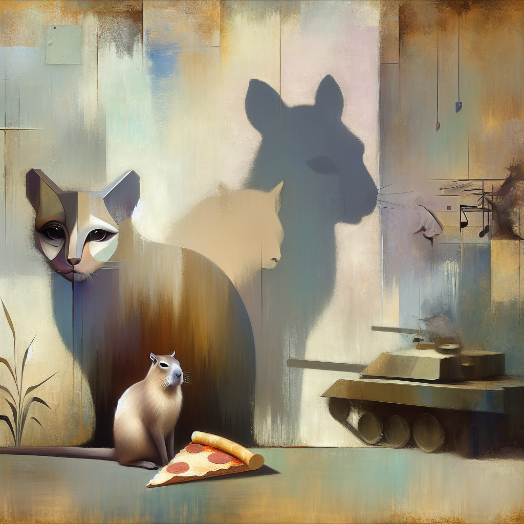 An abstract melancholic birthday celebration scene that blends muted and ethereal colours. The scene includes an unusually depicted cat with exaggerated features and asymmetrical eyes, sitting atop a shadow that resembles a wallaby. Next to it, a serene capybara is subtly depicted on an almost translucent mural. A subtly abstract representation of a tank in the backdrop prompts a somber mood. An artistically modified slice of pizza appears as a symbol of melancholy. Subtle traces of musical theatre motifs subtly introduced into the composition add depth, signifying a narrative of celebration with introspective undertones.
Generated with these themes: Ugly cat, Wallaby, Capybara, Tank, Pizza, and Musical theatre.
Made with ❤️ by AI.