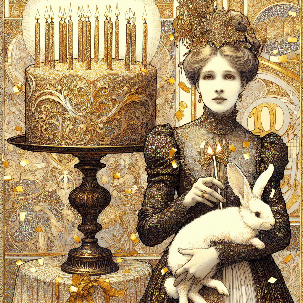 Create a solemn illustration that encapsulates the essence of a birthday, drawn in a meticulously ornate style with a generous usage of golden hues, hinting at the early 20th-century Symbolist movement in art, which employed intricate patterns and elaborate details. The image portrays a woman, elegantly dressed in a fashion that echoes the stylized portraits of this era. She holds a delicate rabbit in her arms. She stands against an opulent backdrop, abounding in intricate filigree patterns and a mosaic of golden hues, with faint confetti indicating a subdued celebration. A lavishly detailed birthday cake with candles holds the composition together, exuding a subdued grandeur.
Generated with these themes: Gustav Klimt style, and Lady with rabbit.
Made with ❤️ by AI.
