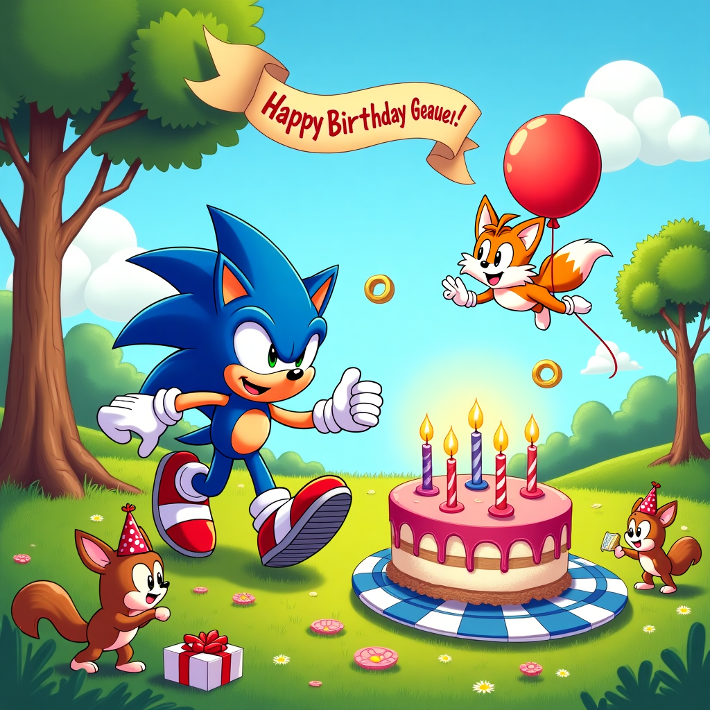 In the vibrant and dynamic world of our birthday card, Sonic the Hedgehog and Tails are the stars of a whimsical adventure tailored for Gabriele's special day. The scene unfolds in a lush, cartoonish landscape reminiscent of Charles Schulz's simple yet expressive settings, with elements of Walt Disney's classic charm and Osamu Tezuka's energetic compositions. Sonic, with his iconic blue spikes and red sneakers, is speeding across a grassy terrain dotted with giant loop-de-loops and checkered platforms, a nod to his signature video game style. Tails, the clever fox with his double tails spinning like helicopter blades, is joyfully hovering above, holding a bright red balloon with a festive "Happy Birthday, Gabriele!" banner trailing behind him in the sky.

In the background, the sky is a cheerful blue adorned with fluffy clouds that subtly form the letters of Gabriele's name, taking inspiration from the dreamlike quality of Winsor McCay's clouds in "Little Nemo in Slumberland." Nearby, a quirky, cartoonish tree akin to those in Bill Watterson's "Calvin and Hobbes" stands, its branches humorously bent and reaching towards the ground as if playfully trying to join the birthday fun. On the ground, a quirky, oversized birthday cake sits on a checkerboard table, iced in vibrant colors and topped with candles shaped like Sonic's rings.

Adding a humorous twist from Gary Larson's "The Far Side," a curious group of woodland creatures, drawn in exaggerated, comical poses, gather around the cake, each wearing tiny party hats. A squirrel, with its eyes wide open in anticipation, clutches a slice of cake, while a cheeky rabbit attempts to grab a candle. The scene is framed by a border of golden rings, paying homage to Sonic's love for collecting them, and a small birthday gift box, with a bow that resembles Tails' twin tails, rests at the base of the cake, wrapped in paper patterned with hedgehogs and foxes. This lively and detailed illustration captures the playful essence of a birthday adventure, celebrating Gabriele in true Sonic style.
Generated with these themes:  sonic and tails.
Made with ❤️ by AI.