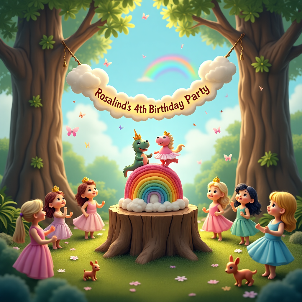 Girly unicorn and dinosaur, princess , and Rainbows in forests Birthday Card