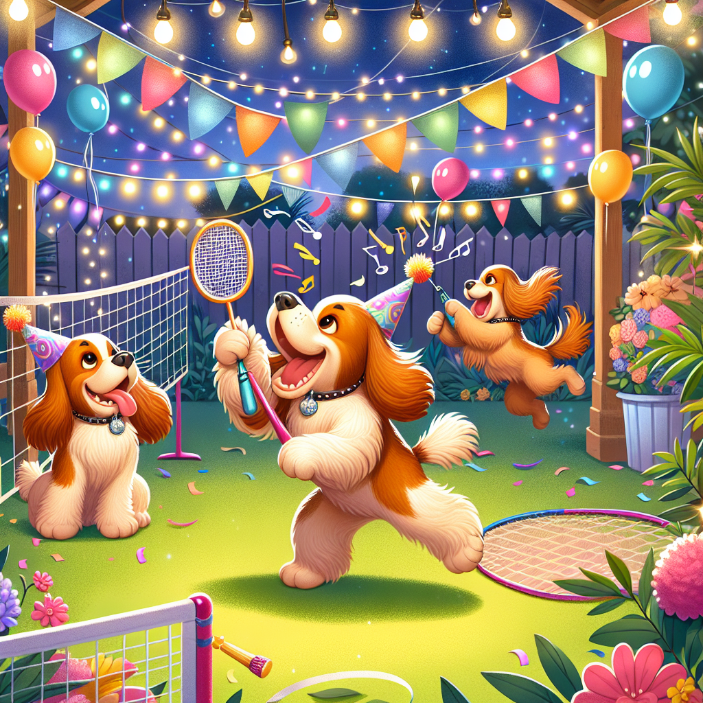Create a lively illustration featuring a birthday celebration. The setting is a charming backyard decorated with vibrant streamers and twinkling fairy lights. Included in the scene are animated Cocker Spaniels enjoyably participating in a dynamic game of badminton. Capture one spaniel mid-jump, reaching up to volley the shuttlecock, and another holding a microphone and orchestrating 'Happy Birthday' chorus. The spaniels' tails should be waving in rhythm with the song. The scene should embody a whimsical and playful atmosphere.
Generated with these themes: Cocker spaniels, Badminton, and Singing.
Made with ❤️ by AI.