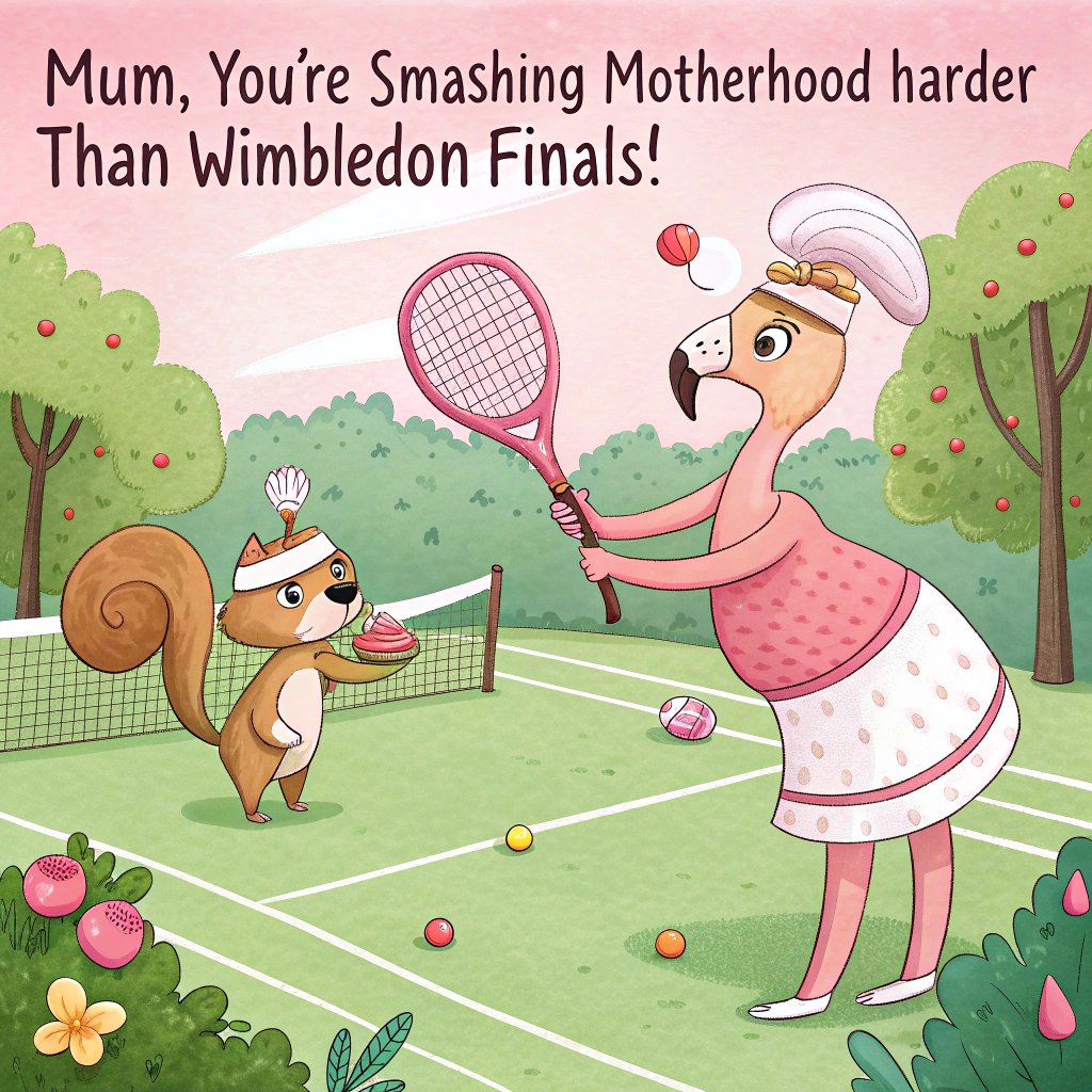 At the top of the image, "Mum, you're smashing motherhood harder than Wimbledon finals!"

- In the center of the image, illustrate a cheeky cartoon tennis match between two animals — a squirrel and a flamingo — both dressed in vintage tennis whites.  
- The squirrel is serving with a gigantic spatula instead of a racket, and the flamingo is mid-split, ready to return with a frying pan.  
- The tennis court is dotted with odd “balls” — like teacups, laundry socks, and cupcakes mid-flight.  
- A tiny scoreboard in the corner reads: "Mum - Always Winning!"  
- A sun in the sky wears cool sunglasses and holds a sign that says, “Match Point: Mum.”
Generated with these themes: Tennis .
Made with ❤️ by AI.